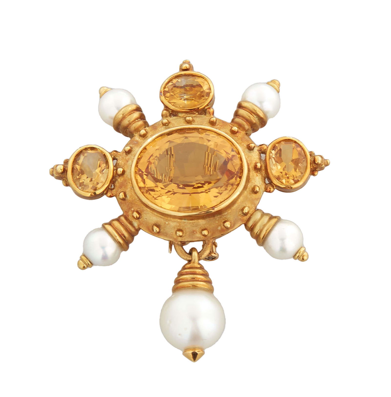 18K Yellow Gold Vintage Style Pearl and Citrine Brooch, with a central horizontal citrine atop a (1 of 4)