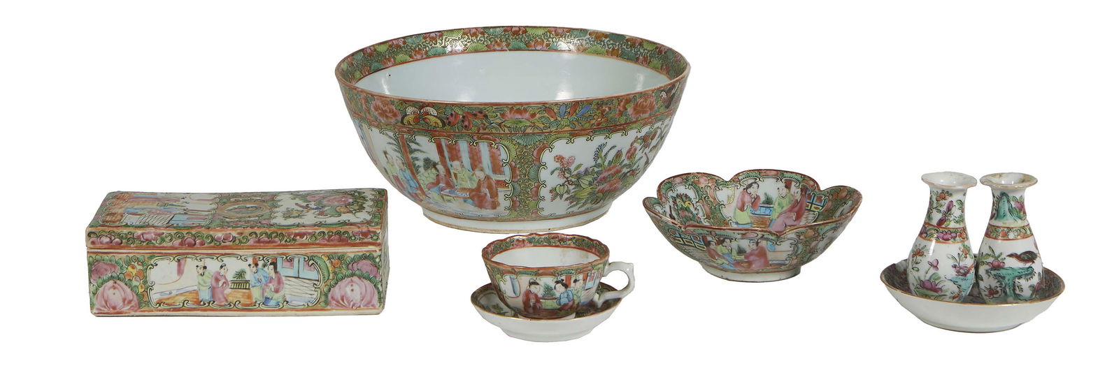 Eight Pieces of Chinese Famille Rose Porcelain, 19th and 20th c., consisting of a punchbowl, a tea (1 of 2)