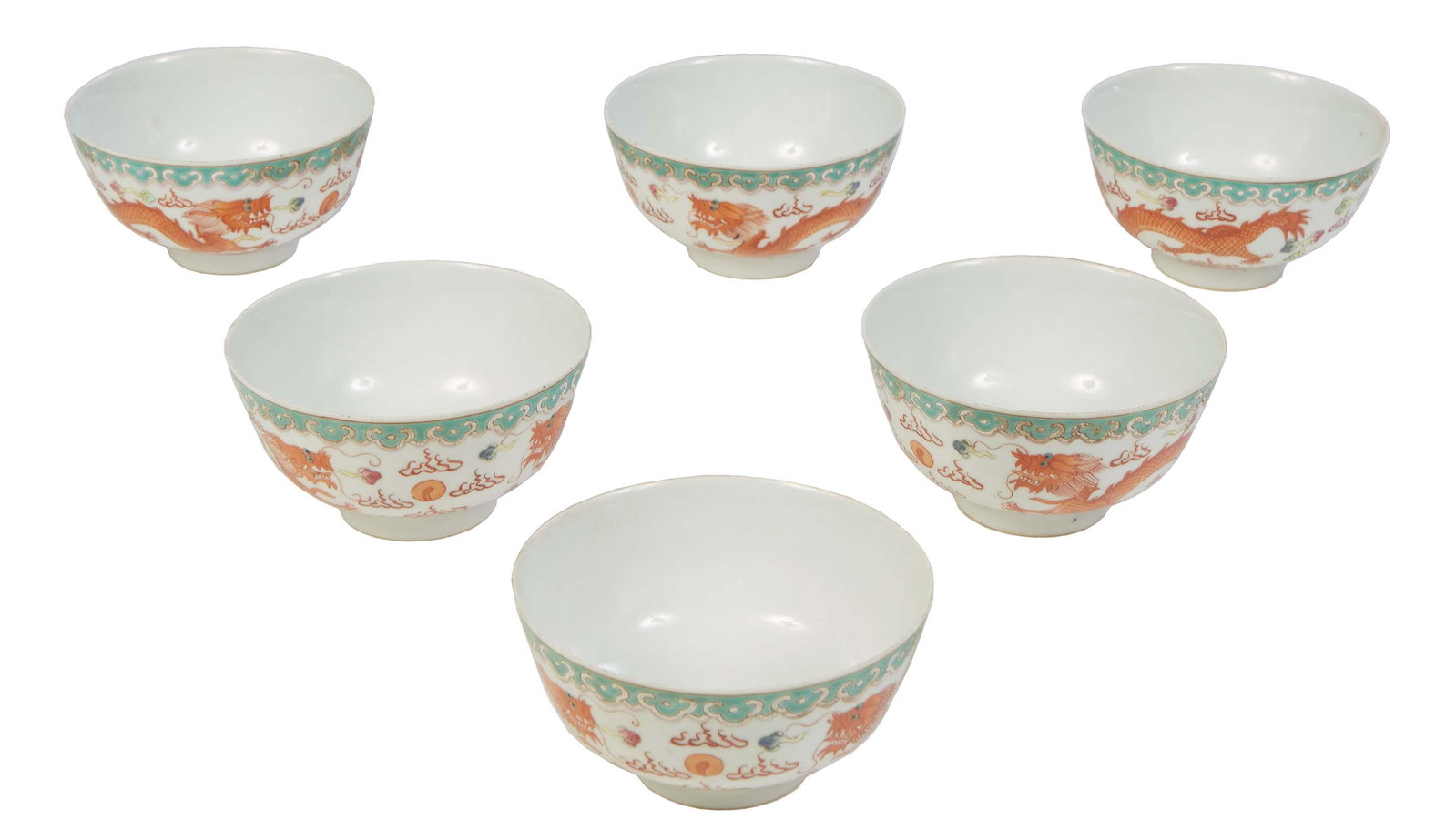 Set of Six Chinese Porcelain Rice Bowls, 20th c., with an aqua banded rim over dragon decoration,: Set of Six Chinese Porcelain Rice Bowls, 20th c., with an aqua banded rim over dragon decoration, the underside with a spurious Wan Li underglaze mark, H.- 2 1/2 in., Dia.- 4 1/2 in. (6 Pcs.)
