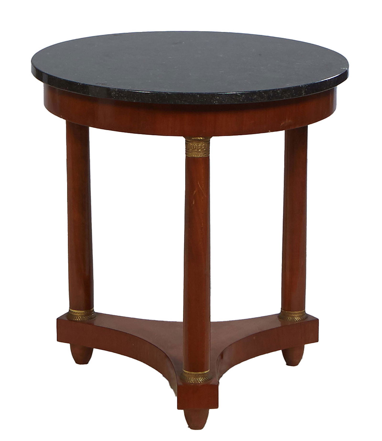 French Empire Style Ormolu Mounted Carved Walnut Marble Top Gueridon, 20th c., the highly figured (1 of 1)