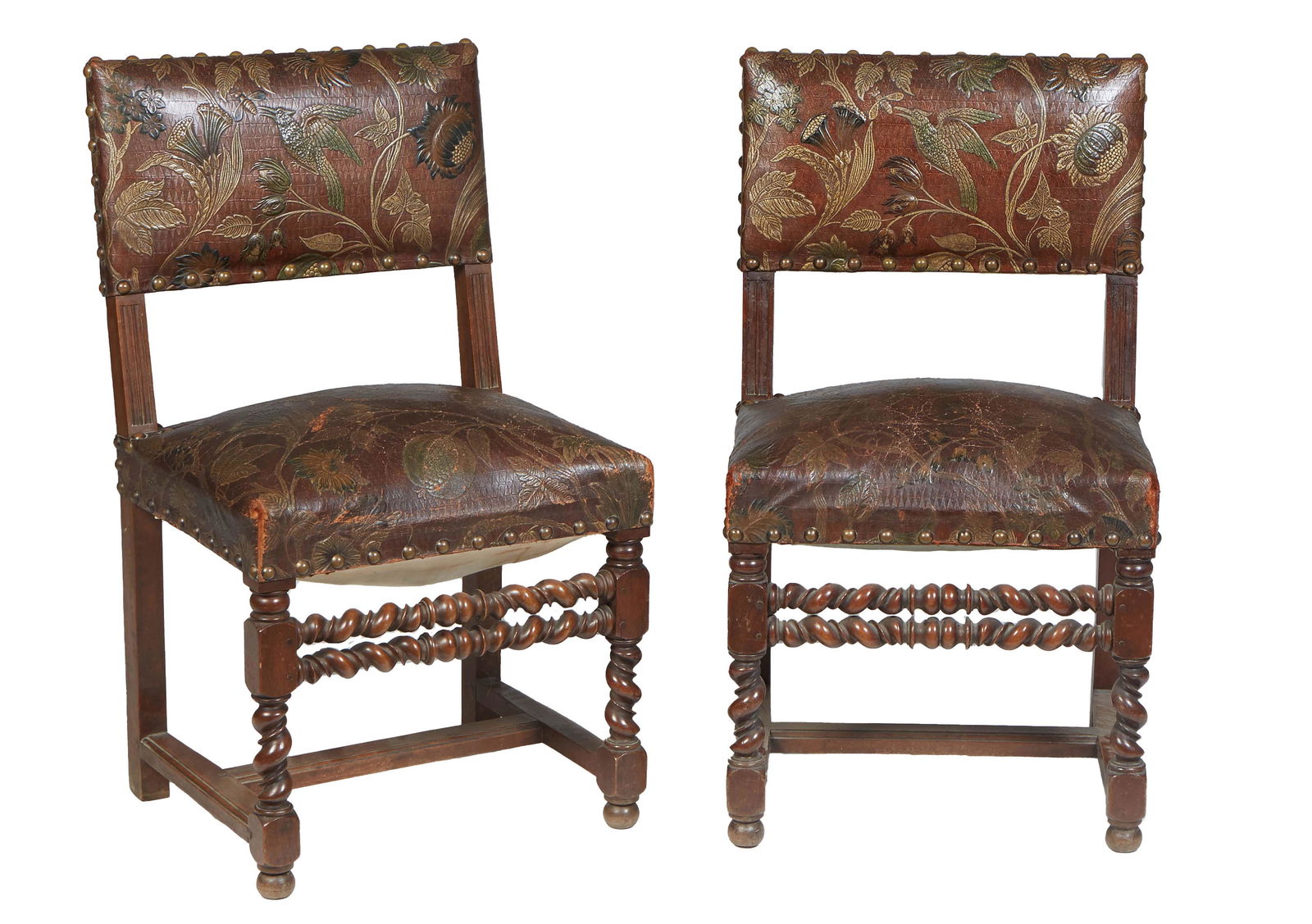 Pair of Louis XIII Style Carved Walnut Side Chairs, 19th c., with leaf and floral embossed and (1 of 1)