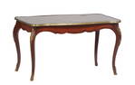 French Louis XV Style Ormolu Mounted Inlaid Mahogany Coffee Table, 20th c., the brass bound