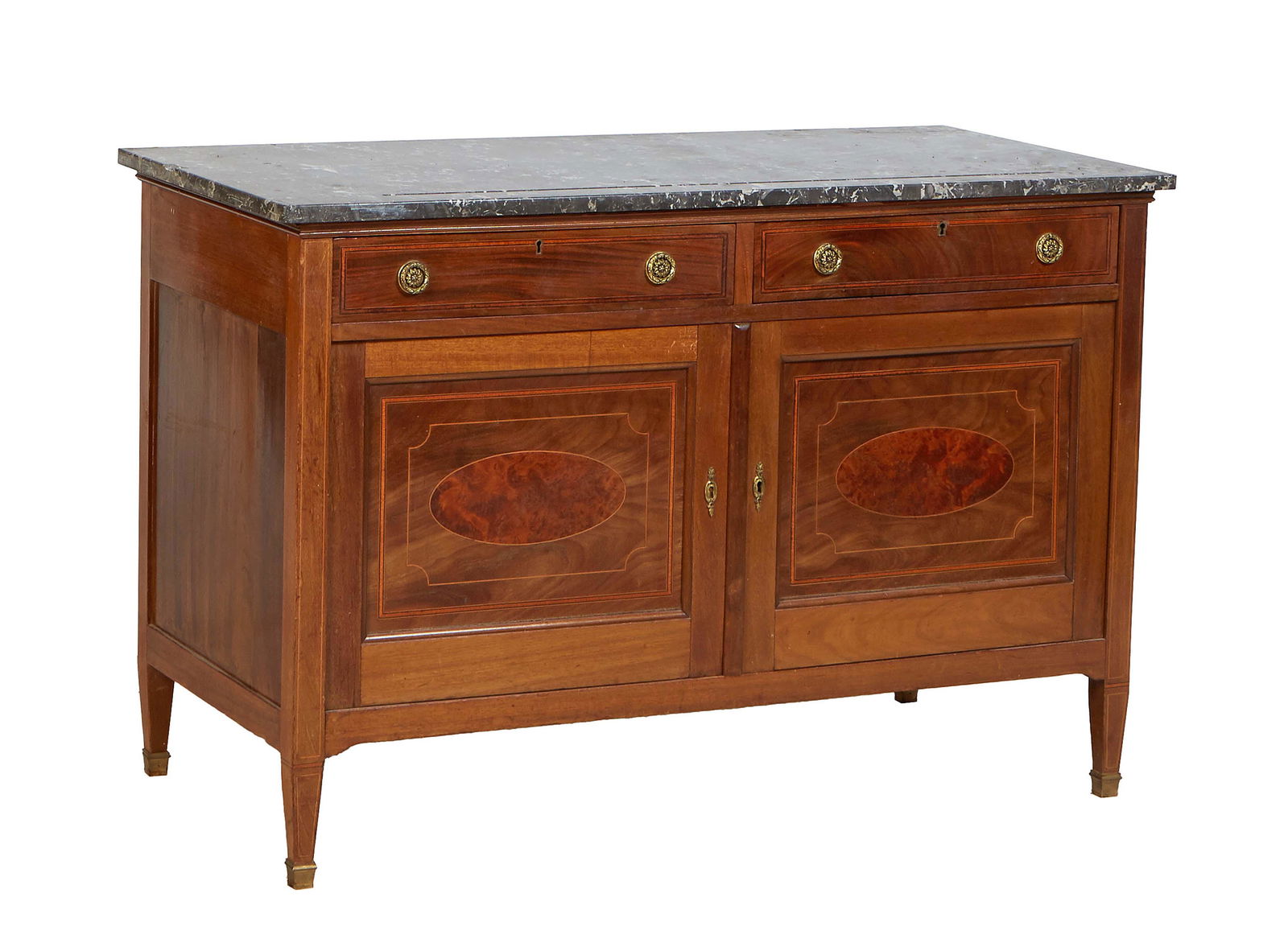French Louis XVI Style Carved Walnut Marble Top Sideboard, early 20th c., the highly figured gray (1 of 1)
