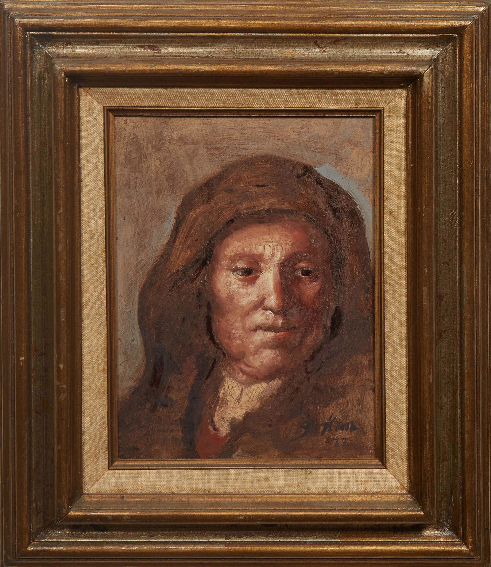 Continental School, "Portrait of an Old Woman," 20th c., oil on board, signed indistinctly lower: Continental School, "Portrait of an Old Woman," 20th c., oil on board, signed indistinctly lower right, presented in a gilt frame, H.- 11 1/2 in., W.- 8 1/2 in., Framed H.- 19 3/8 in., W.- 16 3/8 in.