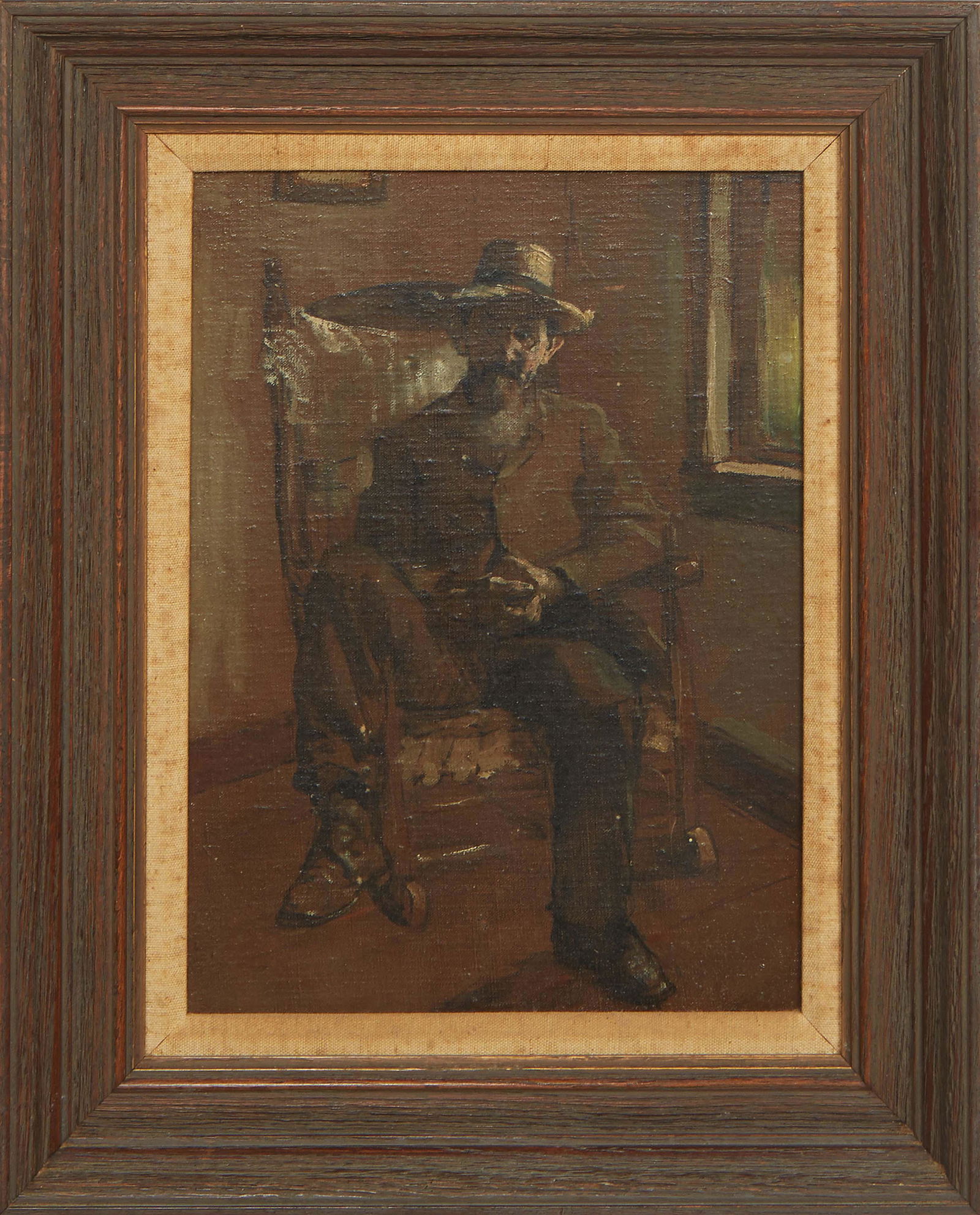 Manner of Thomas Eakins (France/Pennsylvania, 1844-1916), "Man Lounging in Rocking Chair," 19th/20th: Manner of Thomas Eakins (France/Pennsylvania, 1844-1916), "Man Lounging in Rocking Chair," 19th/20th c., oil on canvas laid to board, with a "David Bendann's" gallery label with #49318 in pencil attac