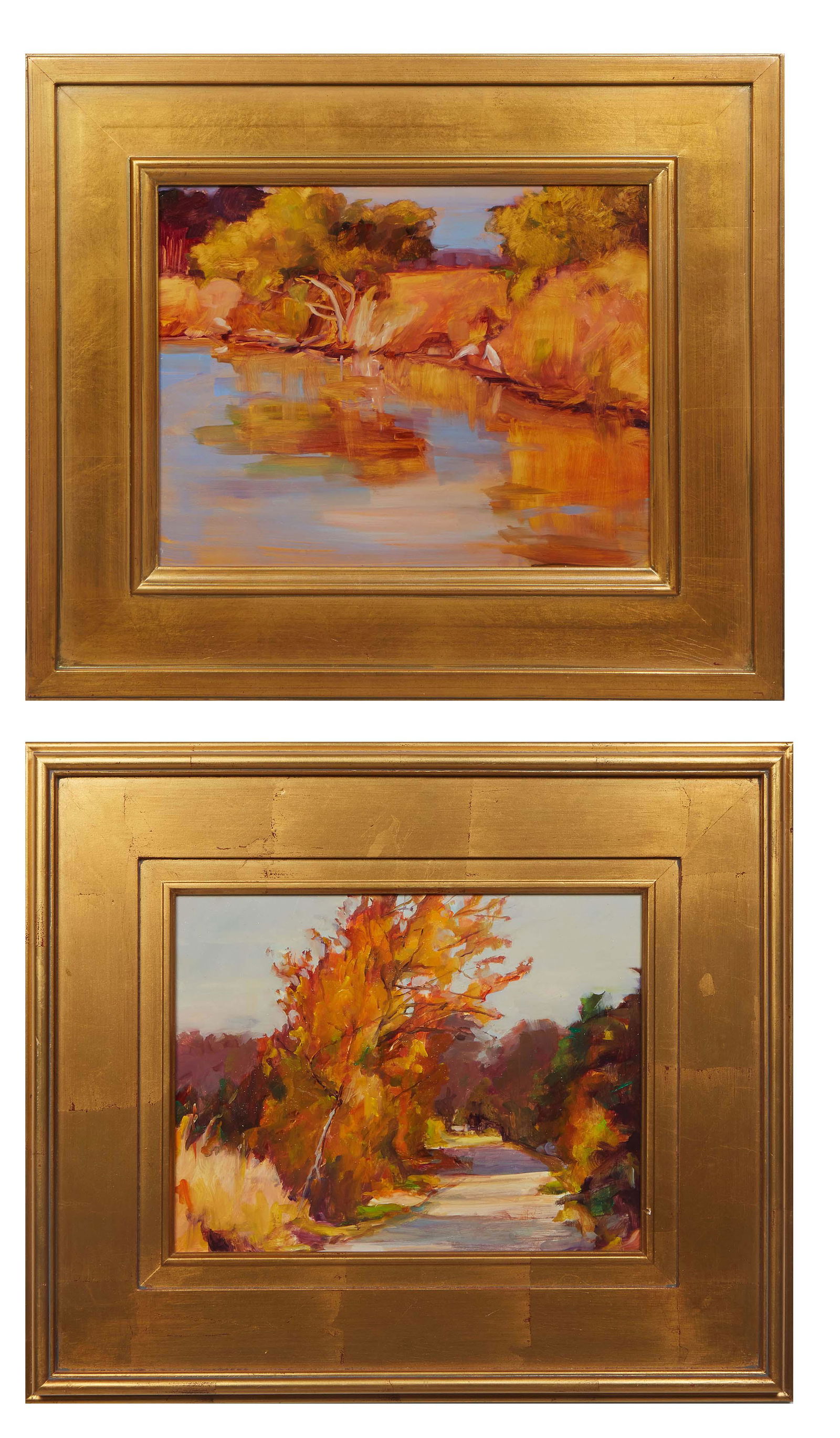 Beverly Dennis (American), "Autumn Roads," and "Reflections," 20th c., pair of oils on masonite, (1 of 9)