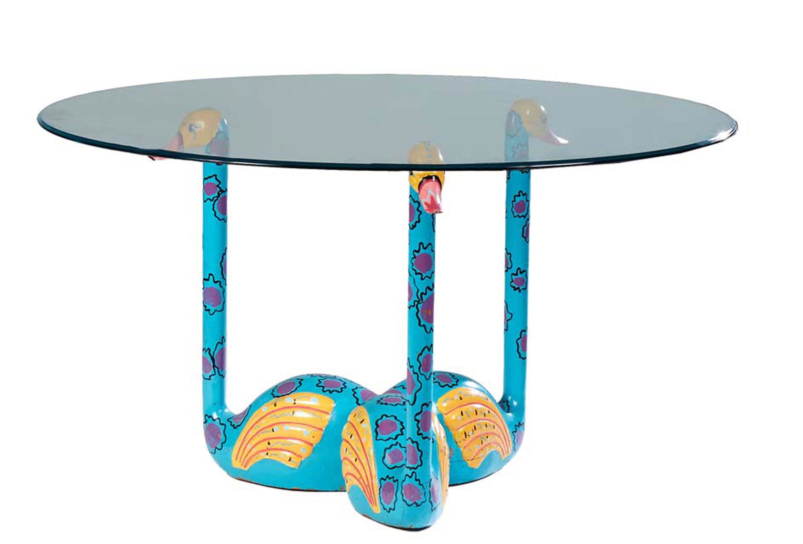 Contemporary Carved Polychromed Wood Glass Top Swan Table, 20th c., by YAYA, New Orleans, the: Contemporary Carved Polychromed Wood Glass Top Swan Table, 20th c., by YAYA, New Orleans, the rounded edge glass top on three colorfully painted wood swan supports, H.- 30 1/8 in., Dia.- 54 1/2 in.