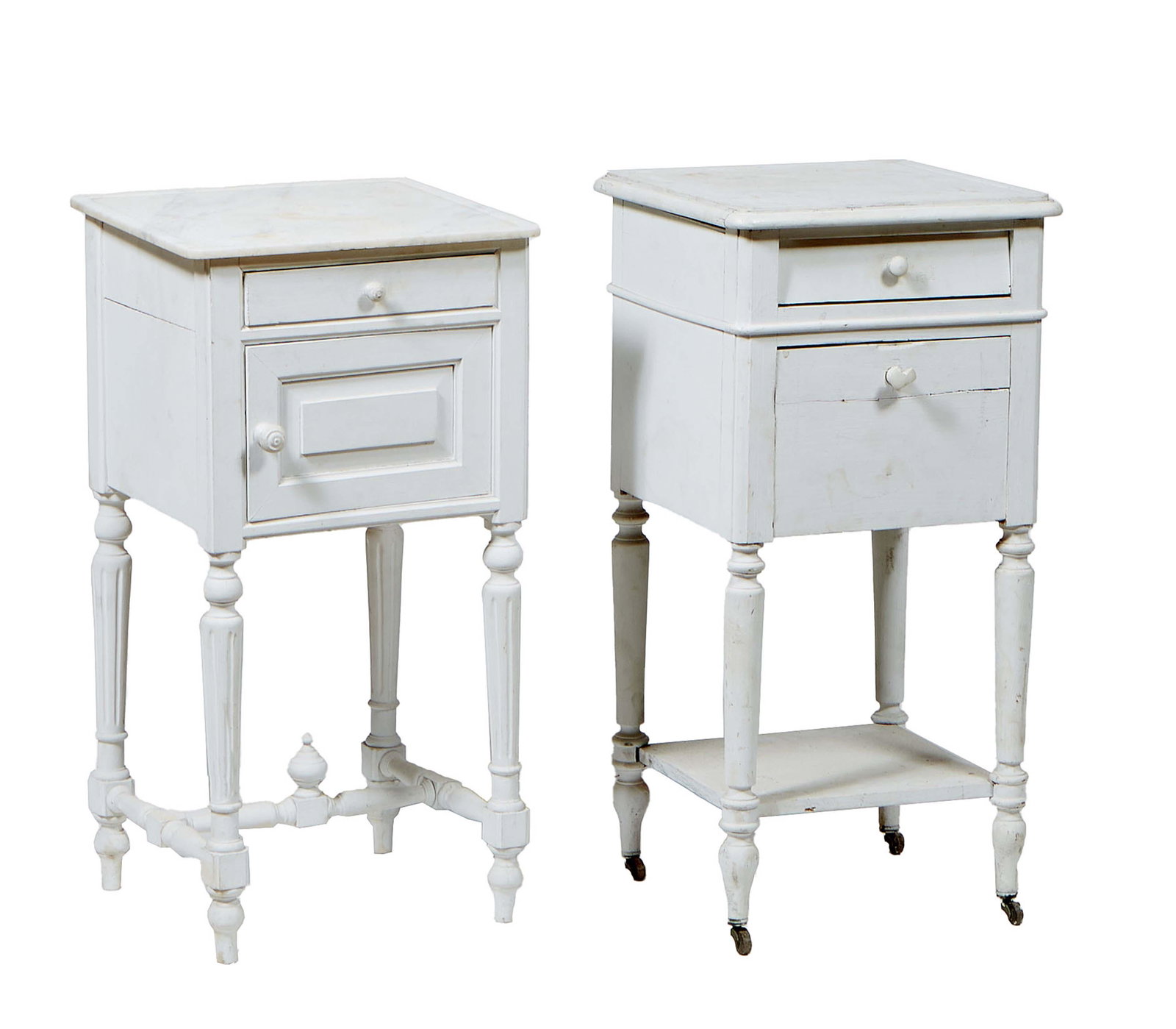Two French Louis XVI Style Polychromed Beech Marble Top Nightstands, 19th c., one with a dished: Two French Louis XVI Style Polychromed Beech Marble Top Nightstands, 19th c., one with a dished white marble over a frieze drawer and a pot cupboard, on turned tapered reeded legs joined by an H-form 