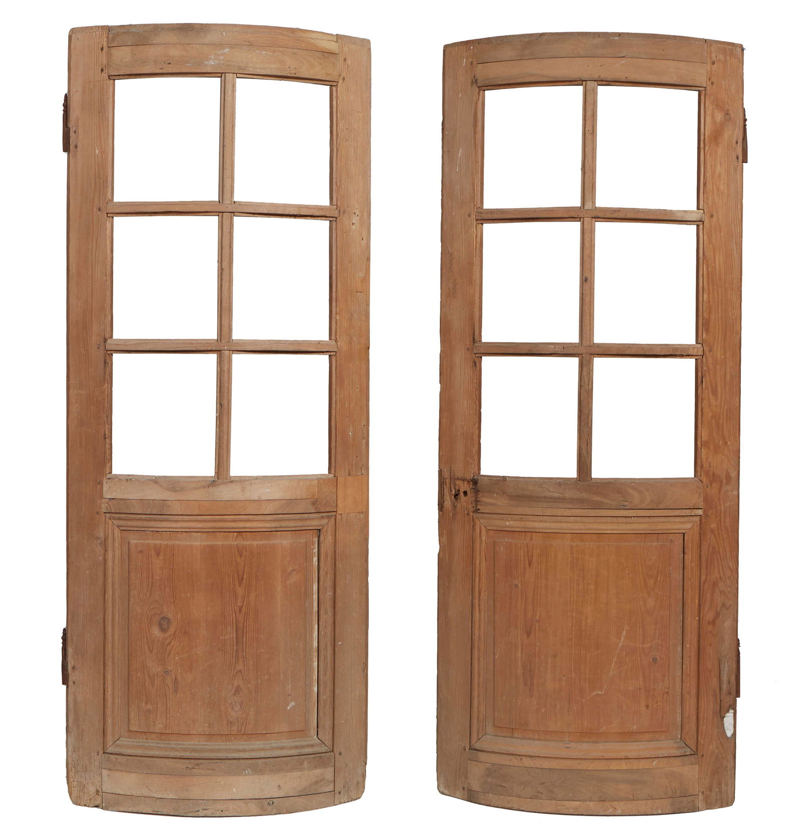 Unusual Pair of French Curved Pine Doors, late 19th c., each with eight glazed panels over a curved (1 of 3)