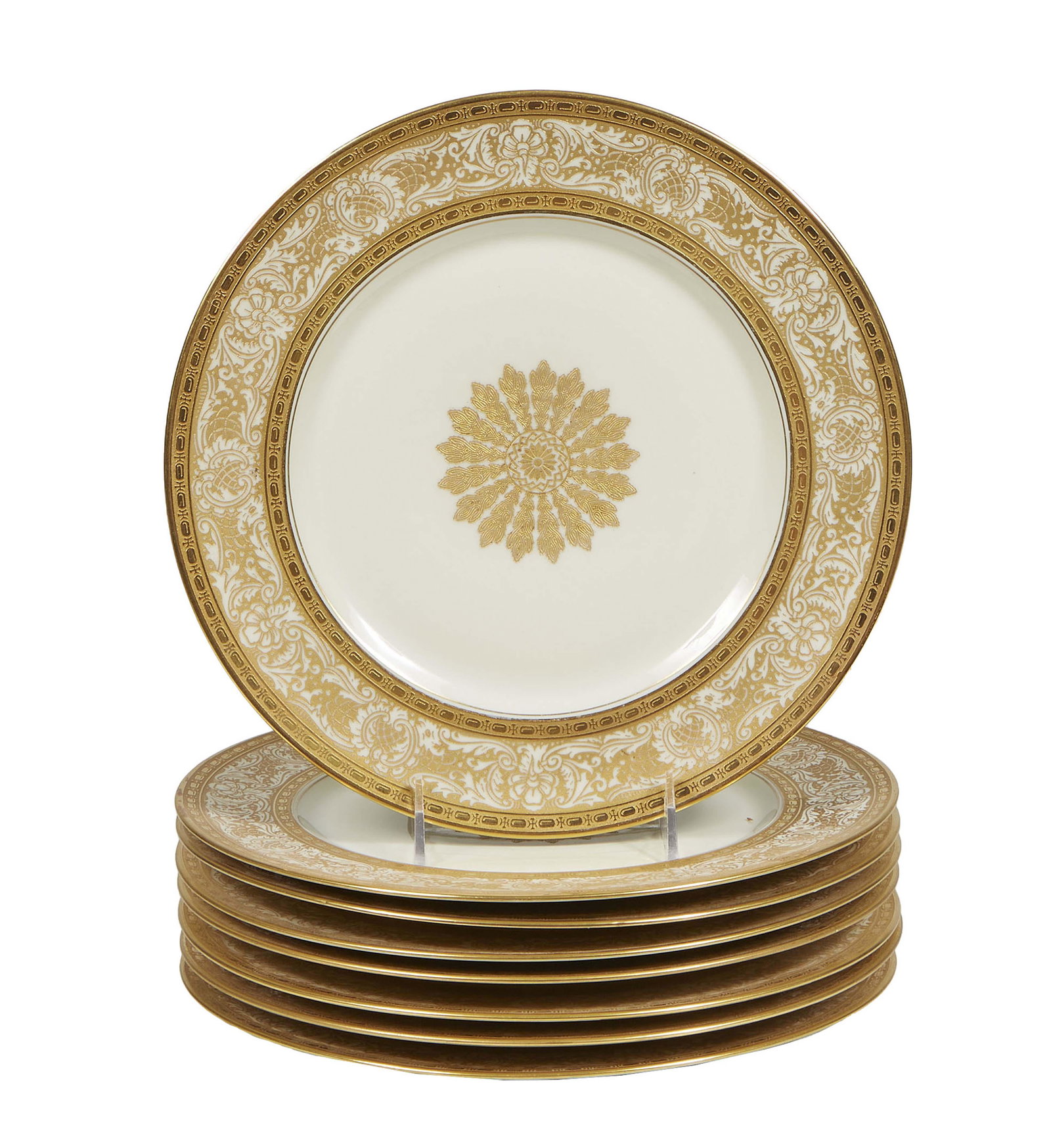 Set of Eight Bavarian Raised Gilt Porcelain Service Plates, 20th c., the scrolled and gilded: Set of Eight Bavarian Raised Gilt Porcelain Service Plates, 20th c., the scrolled and gilded medallion center and border framed in raised gilt edges, marked Heinrich & Co., Selb, Bavaria, H.- 1 in., D