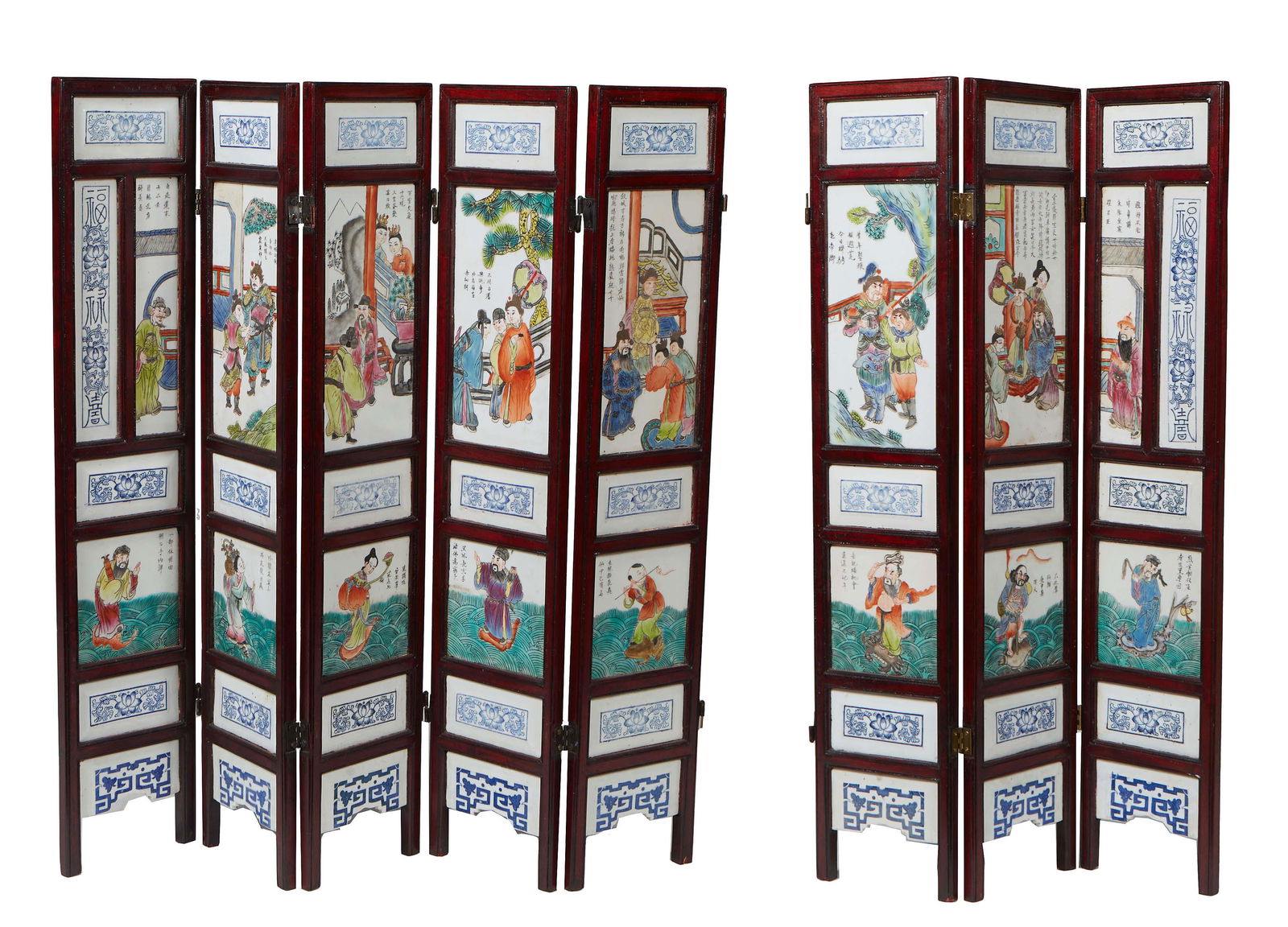 Chinese Eight Panel Mahogany Table Screen, 20th c., each panel having two polychrome figural painted (1 of 5)