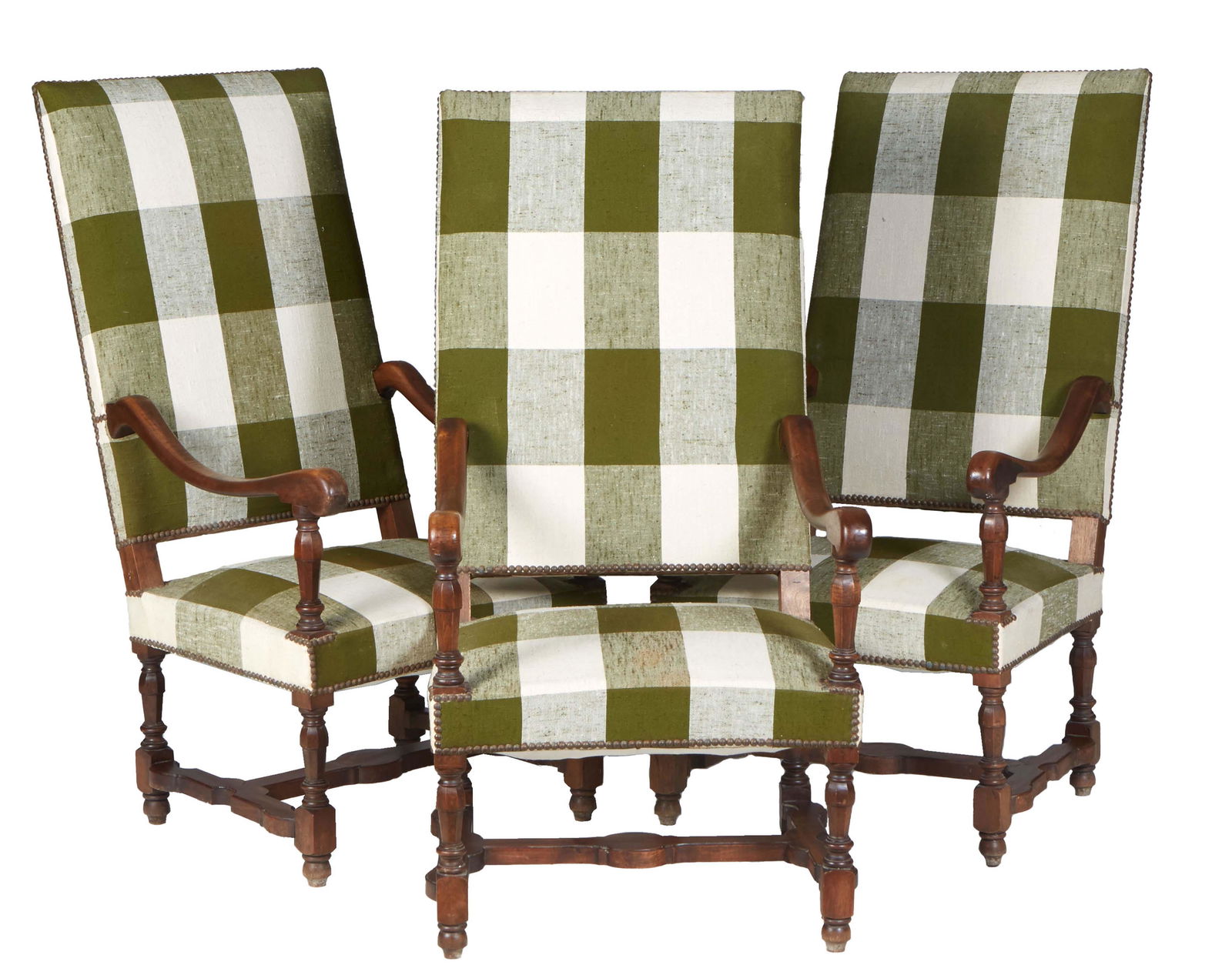 Set of Three Louis XIV Style Carved Walnut Fauteuils a la Reine, early 20th c., the rectangular high (1 of 6)