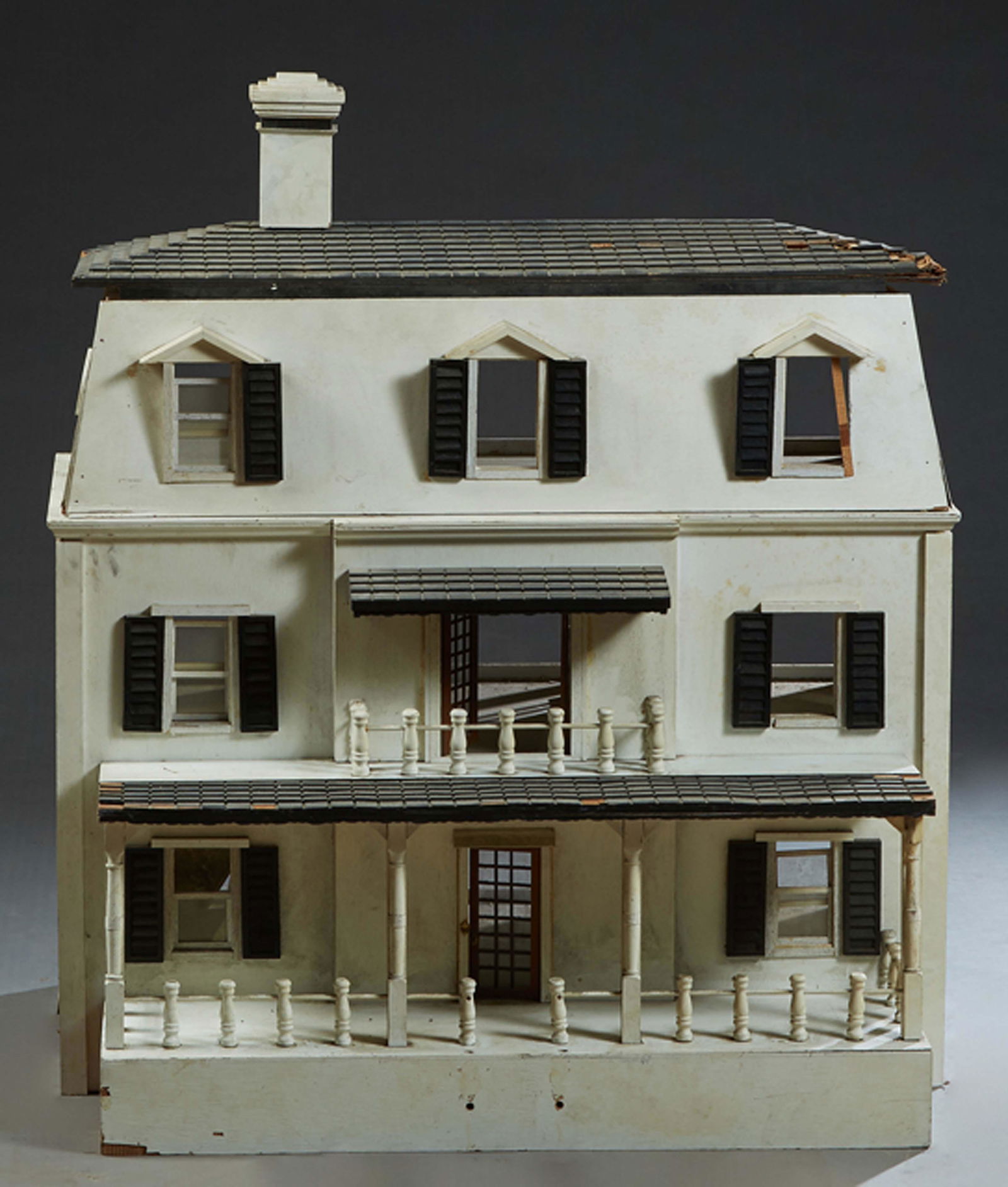 Child's Wooden Three Story Doll House, 20th c., with a shingled roof and shuttered windows, H.- 36 (1 of 2)