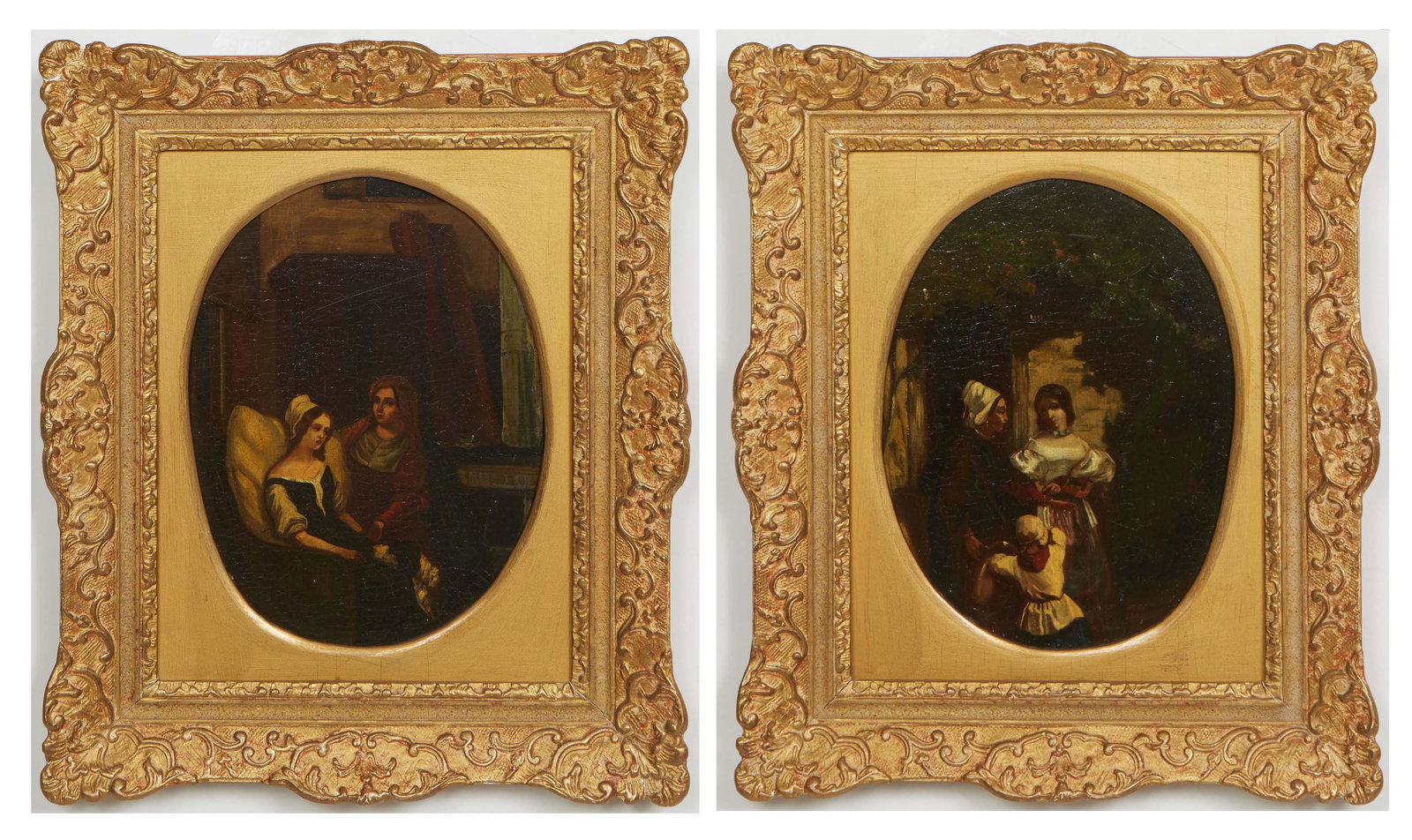 Continental School, "The Visitation" and "Mourning," 19th c., pair of oils on wood panels, former (1 of 7)