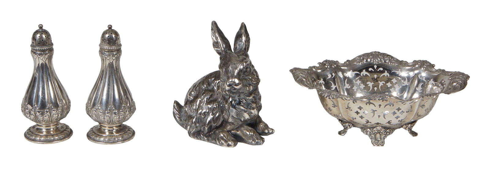 Four Pieces of Silver, 20th c., consisting of a pair of Gorham sterling repousse salt and pepper (1 of 4)