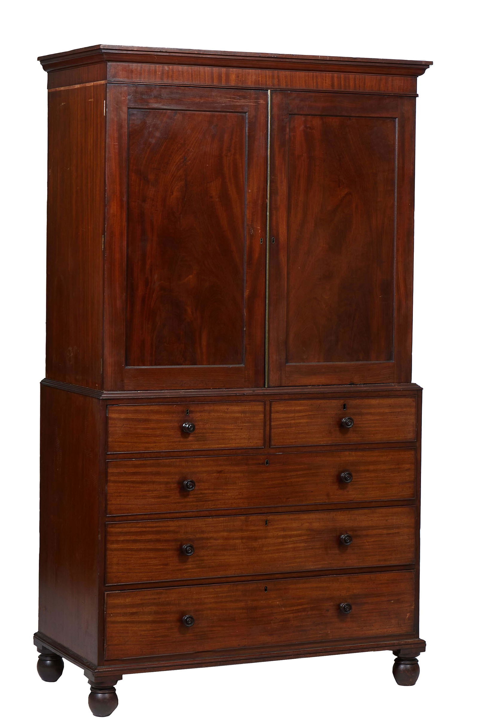 English Carved Mahogany Linen Press, late 19th c., the stepped ogee crown over double doors opening (1 of 1)