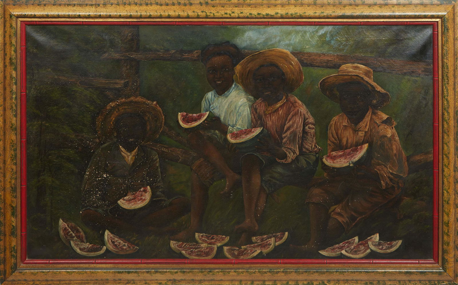 Southern School, "Boys Eating Watermelon," 19th/20th c., oil on canvas, unsigned, presented in a (1 of 4)