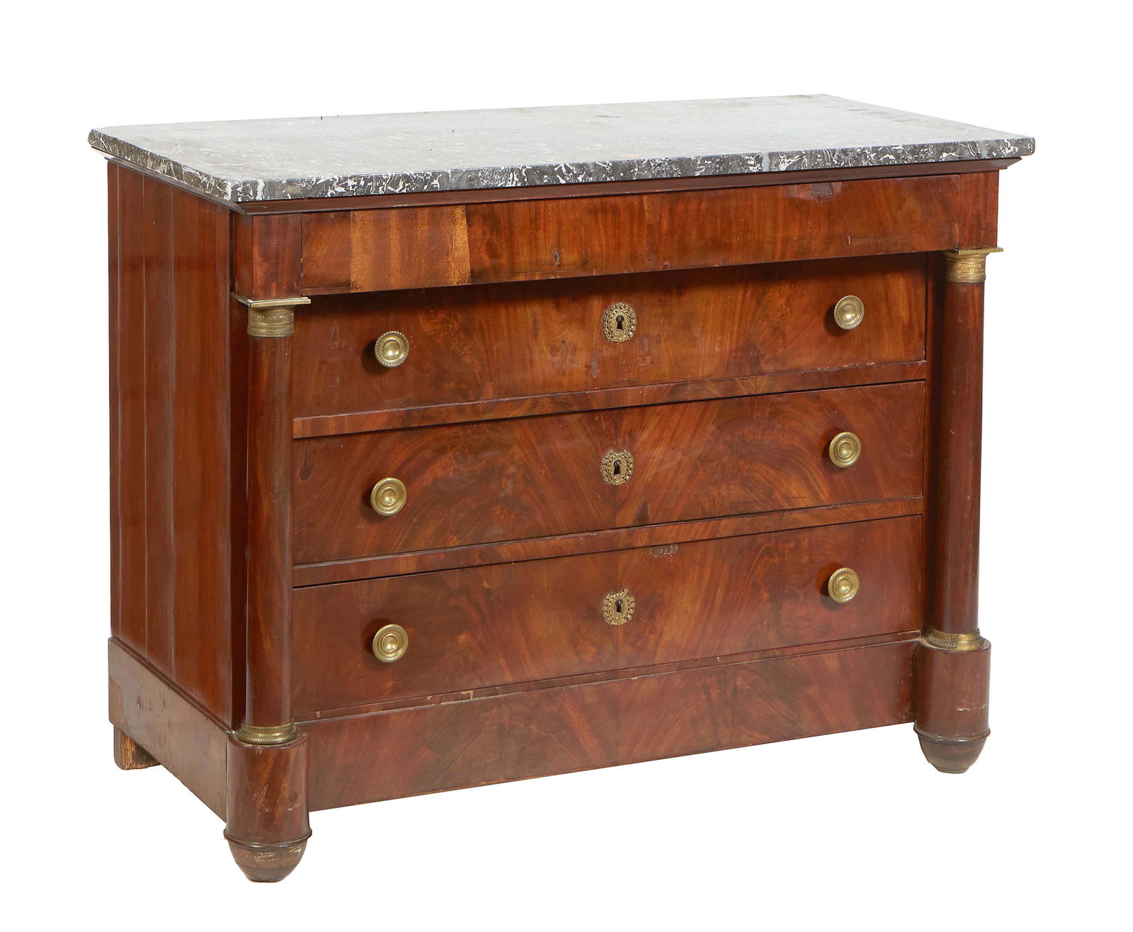 French Empire Ormolu Mounted Carved Walnut Marble Top Commode, mid 19th c., the highly figured gray (1 of 1)