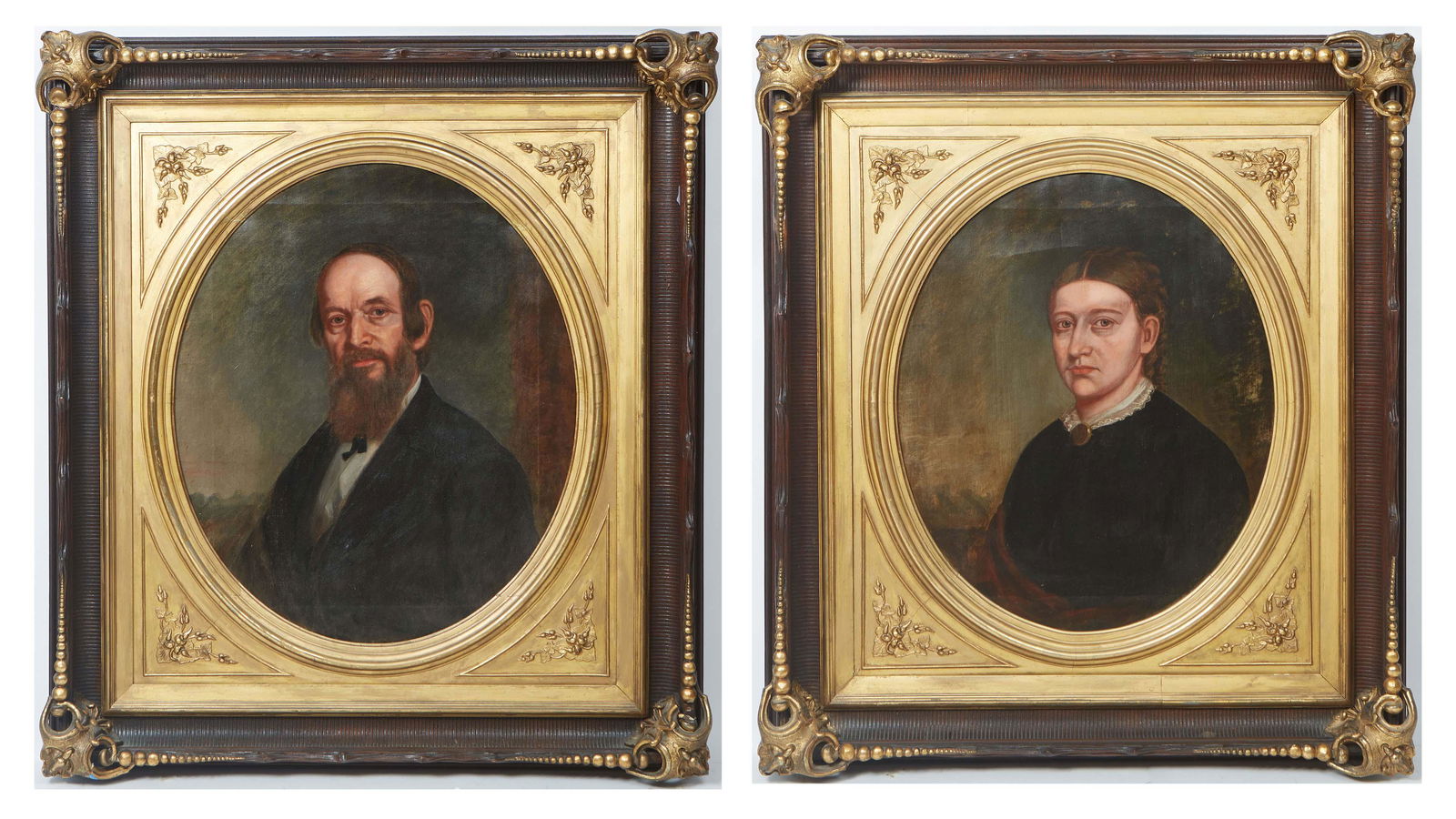 Continental School, "Portrait of a Woman," and "Portrait of Gentleman," 19th c., pair of oils on (1 of 9)
