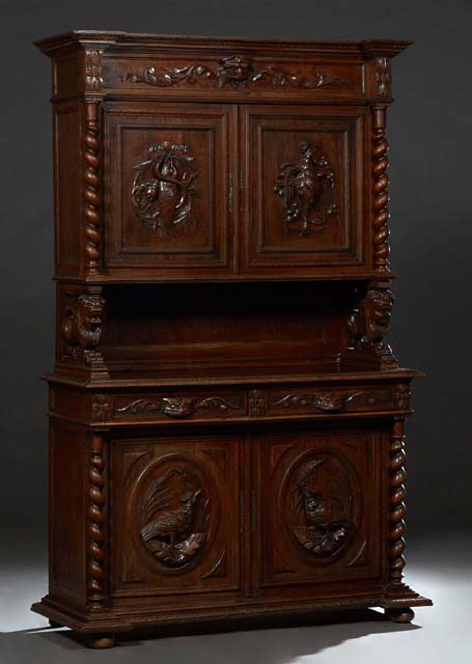 French Provincial Henri II Style Carved Oak Buffet a Deux Corps, c. 1880, the breakfront top over (1 of 1)