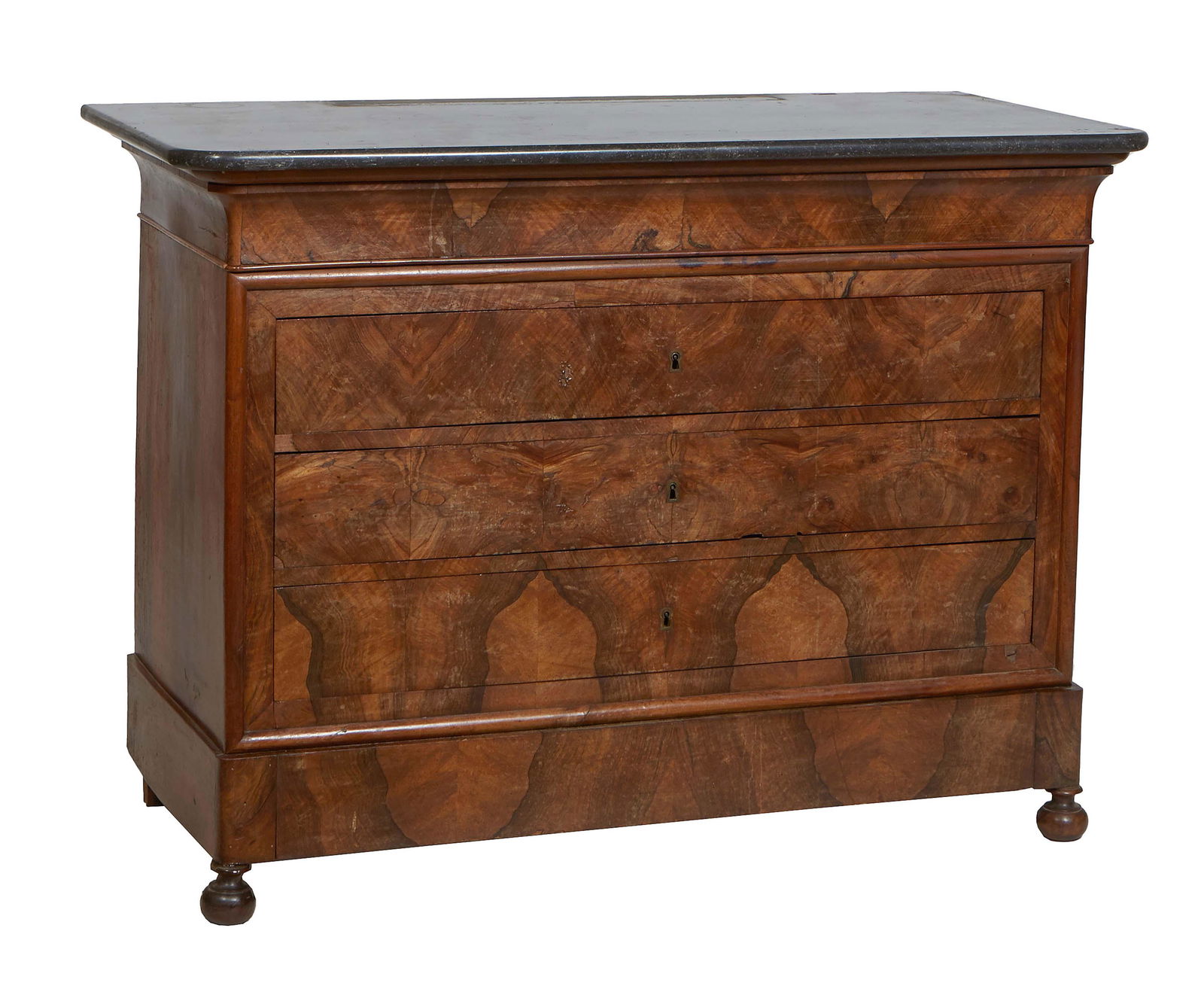 French Louis Philippe Carved Walnut Marble Top Commode, 19th c., the rounded edge and corner figured (1 of 1)