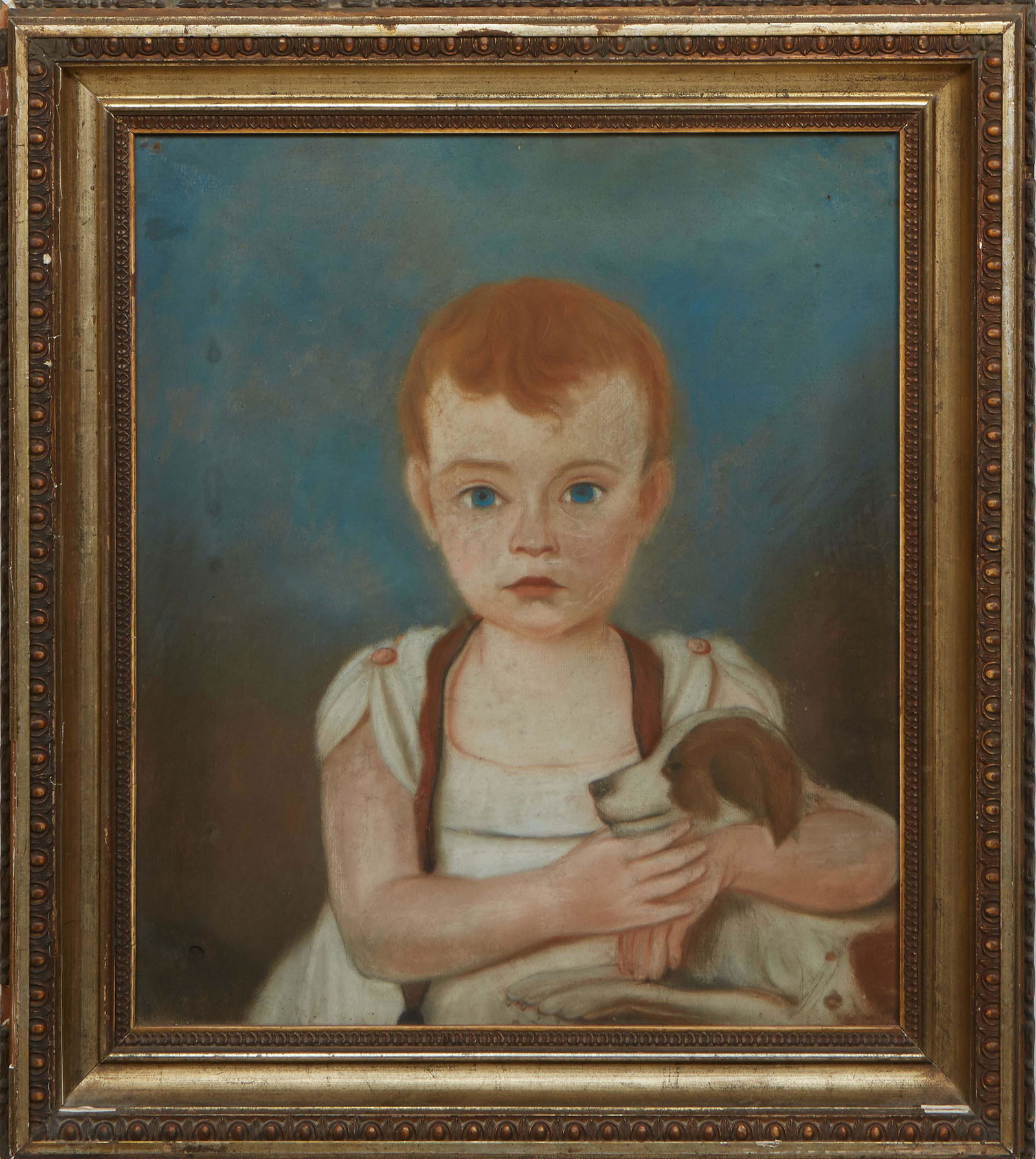 American School, "Portrait of a Child with Dog," 19th c., pastel on paper, unsigned, presented in a (1 of 4)