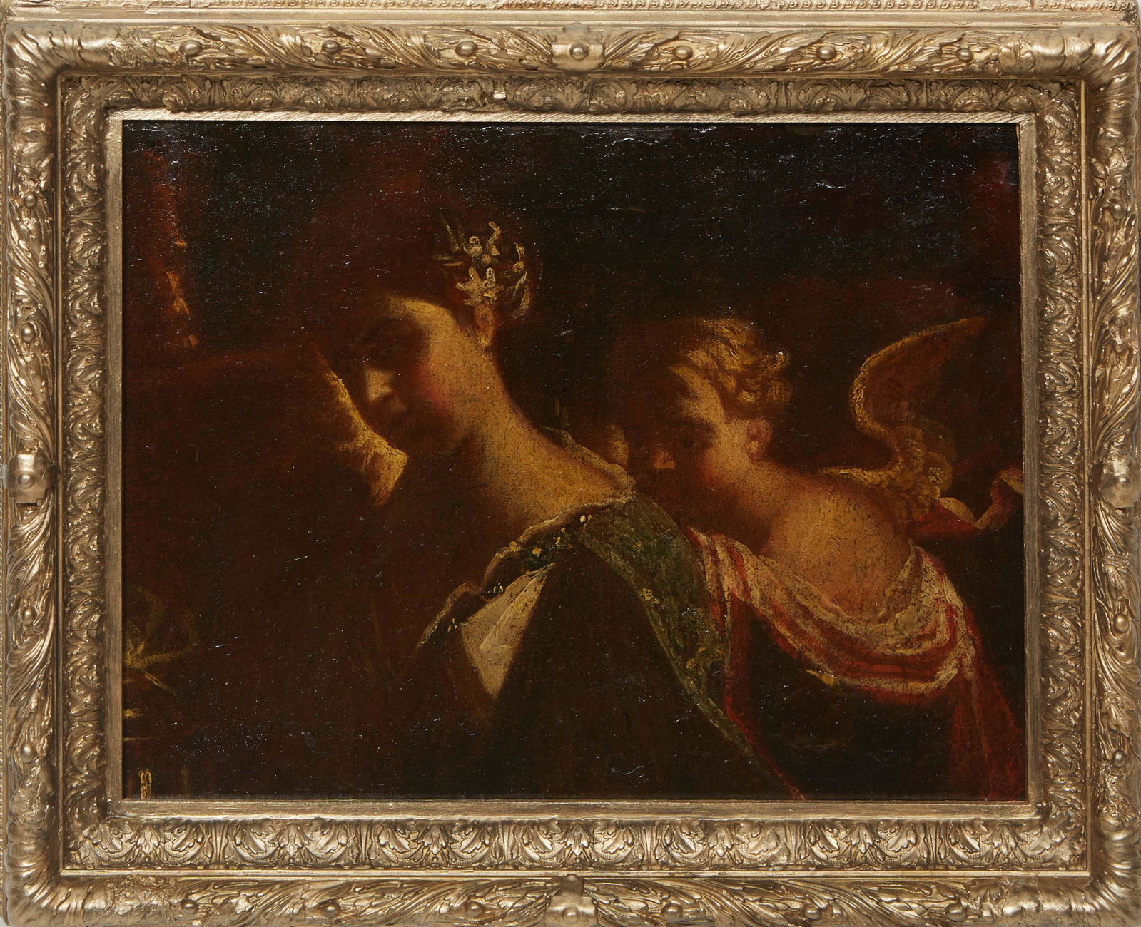Continental School, "Woman with Cherub," 19th c., oil on canvas laid to board, unsigned, presented: Continental School, "Woman with Cherub," 19th c., oil on canvas laid to board, unsigned, presented in a gilt frame, H.- 14 7/8 in., W.- 19 in., Framed H.- 20 1/4 in., W.- 24 1/4 in.