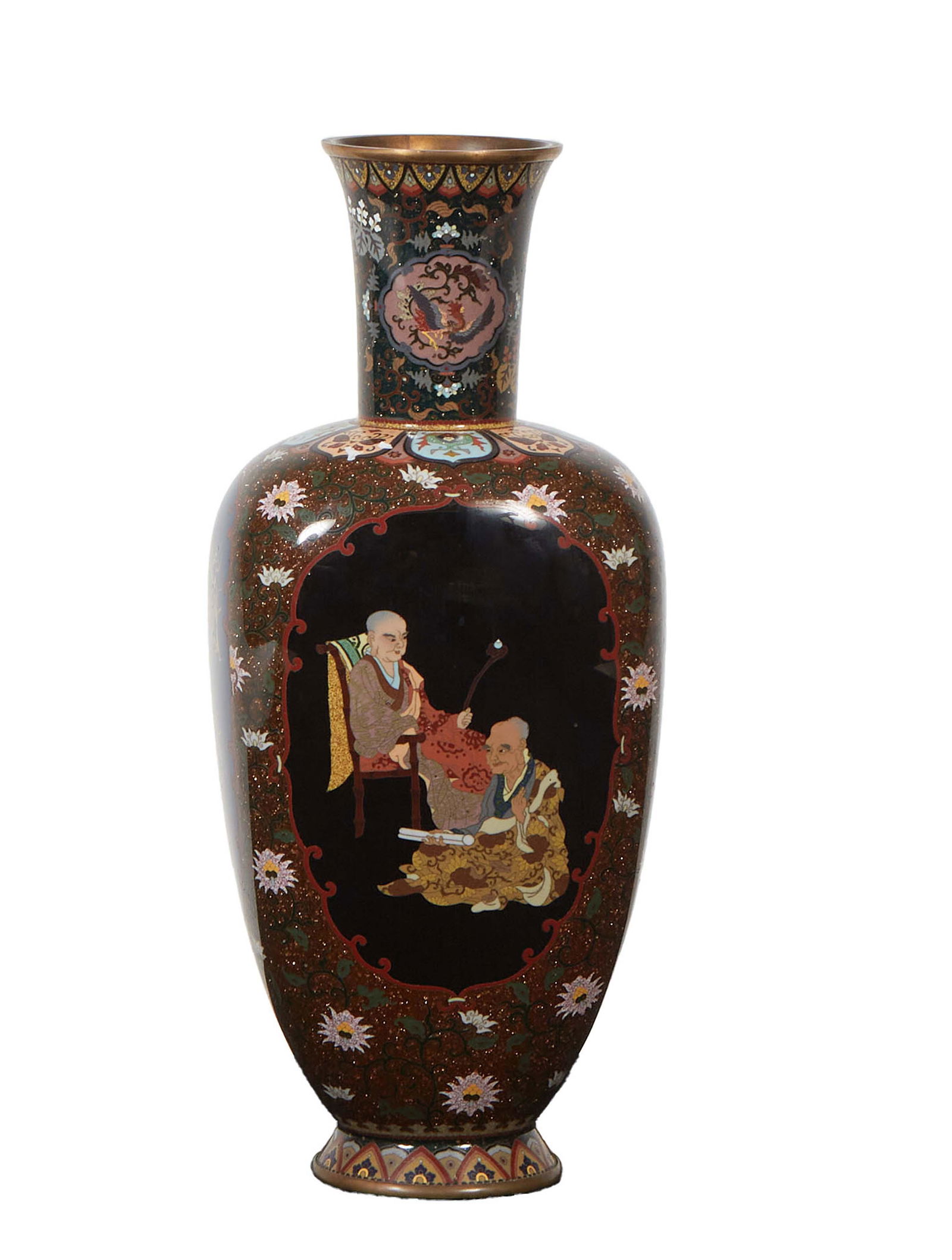 Japanese Goldstone Cloisonne Figural Square Baluster Vase, 20th c., with figural and dragon (1 of 3)