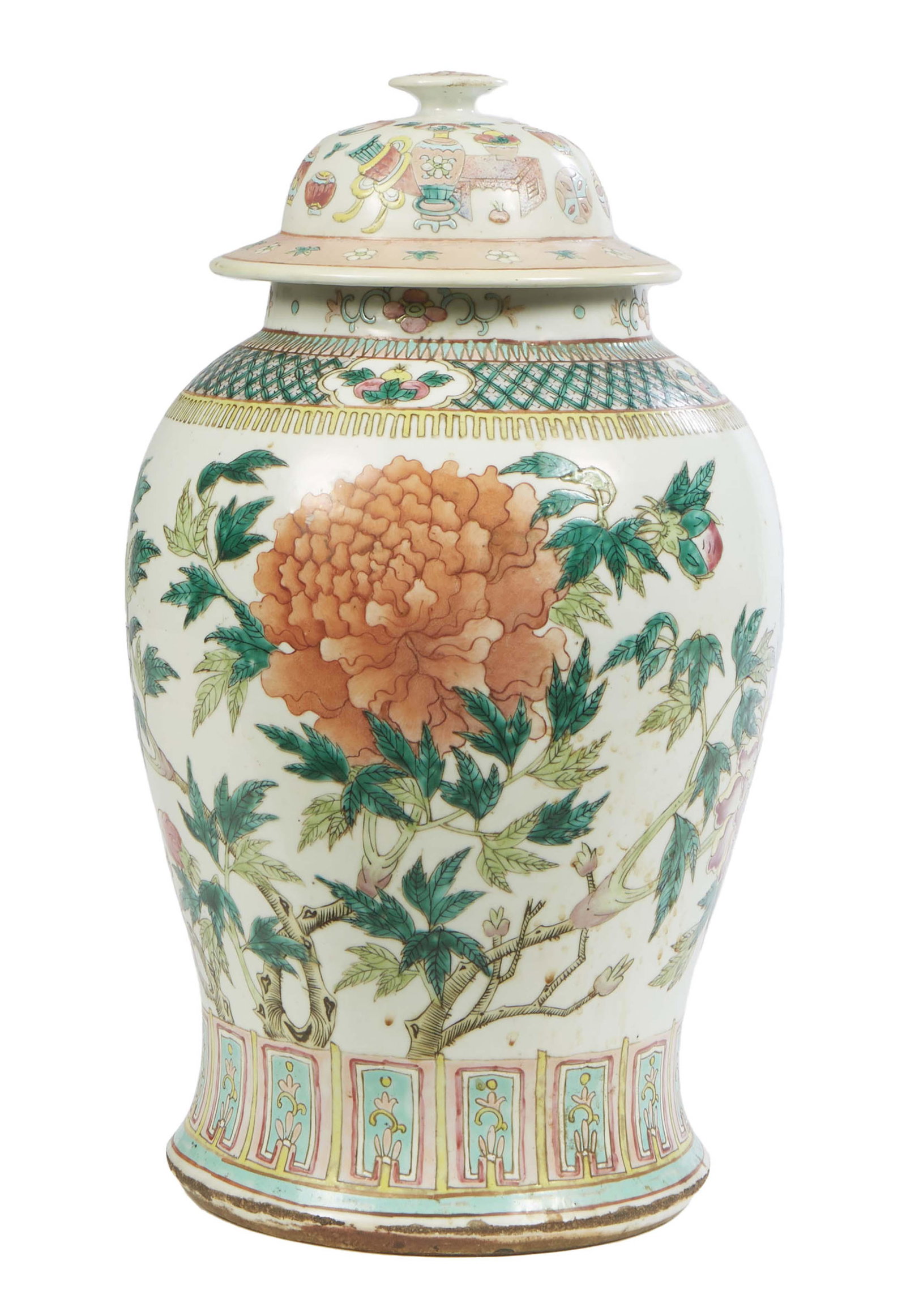 Large Chinese Famille Rose Covered Baluster Ginger Jar, 20th c., with floral and butterfly (1 of 2)
