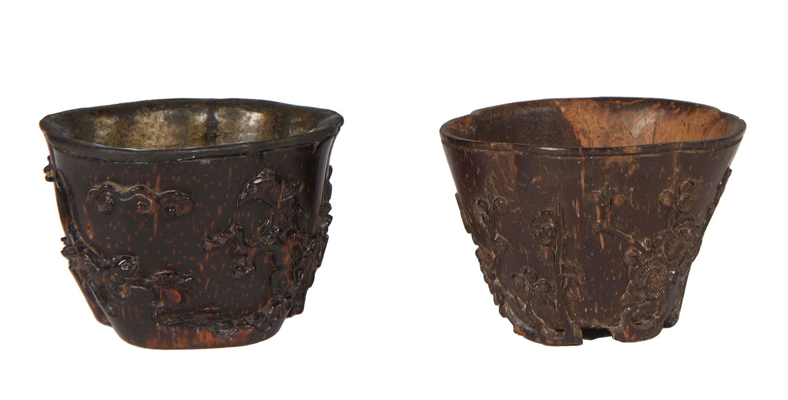 Two Chinese Carved Horn Cups, 19th c., of tapered form with relief floral and landscape decoration, (1 of 6)