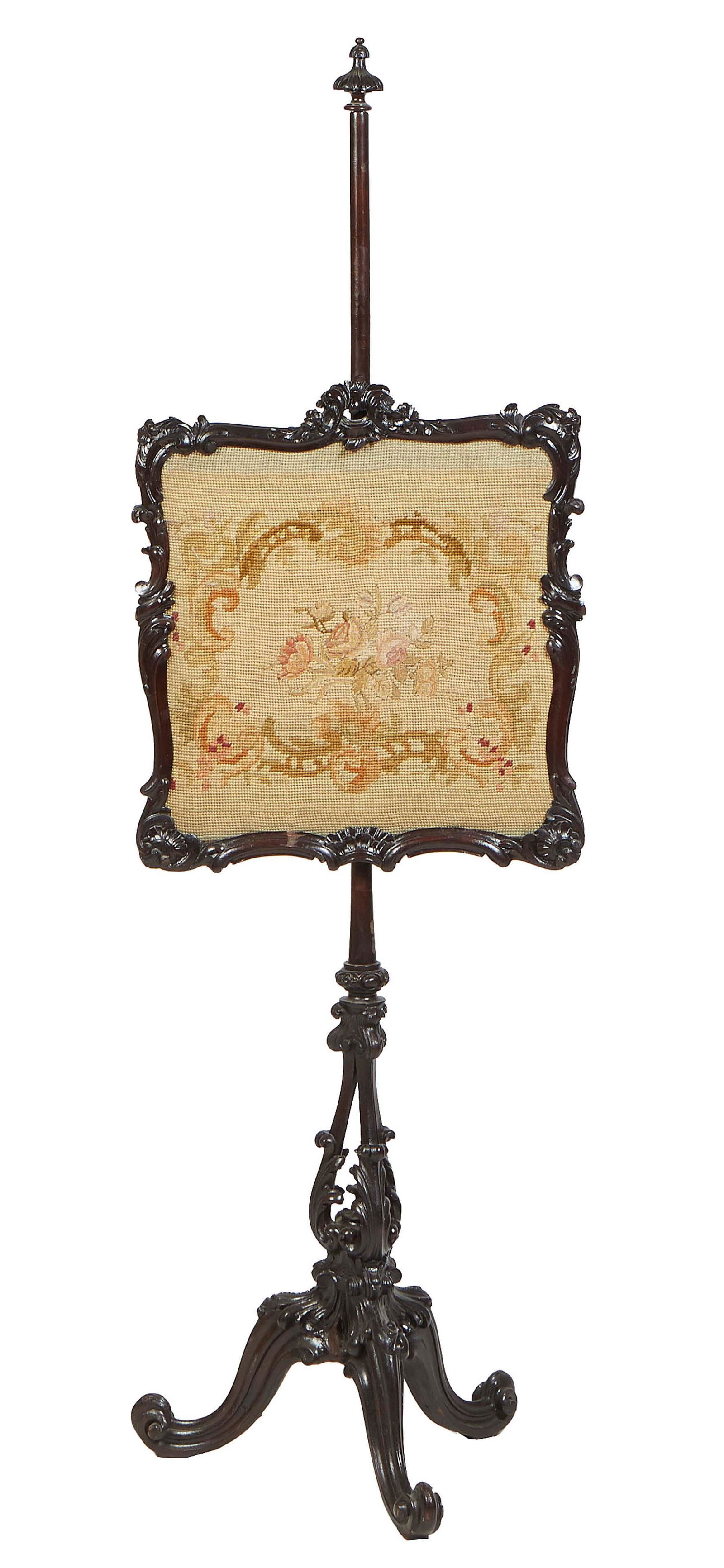 English Victorian Carved Mahogany Adjustable Needlepoint Pole Fire Screen, 19th c., with the (1 of 1)