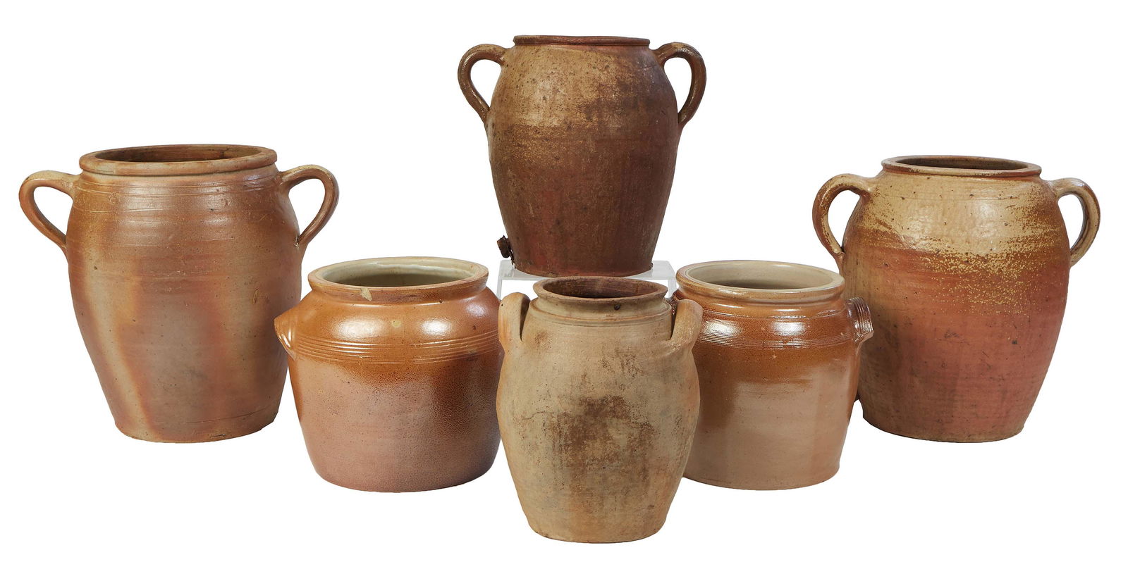 Group of Six French Provincial Earthenware Storage Jars, late 19th c., with double integral ring (1 of 1)