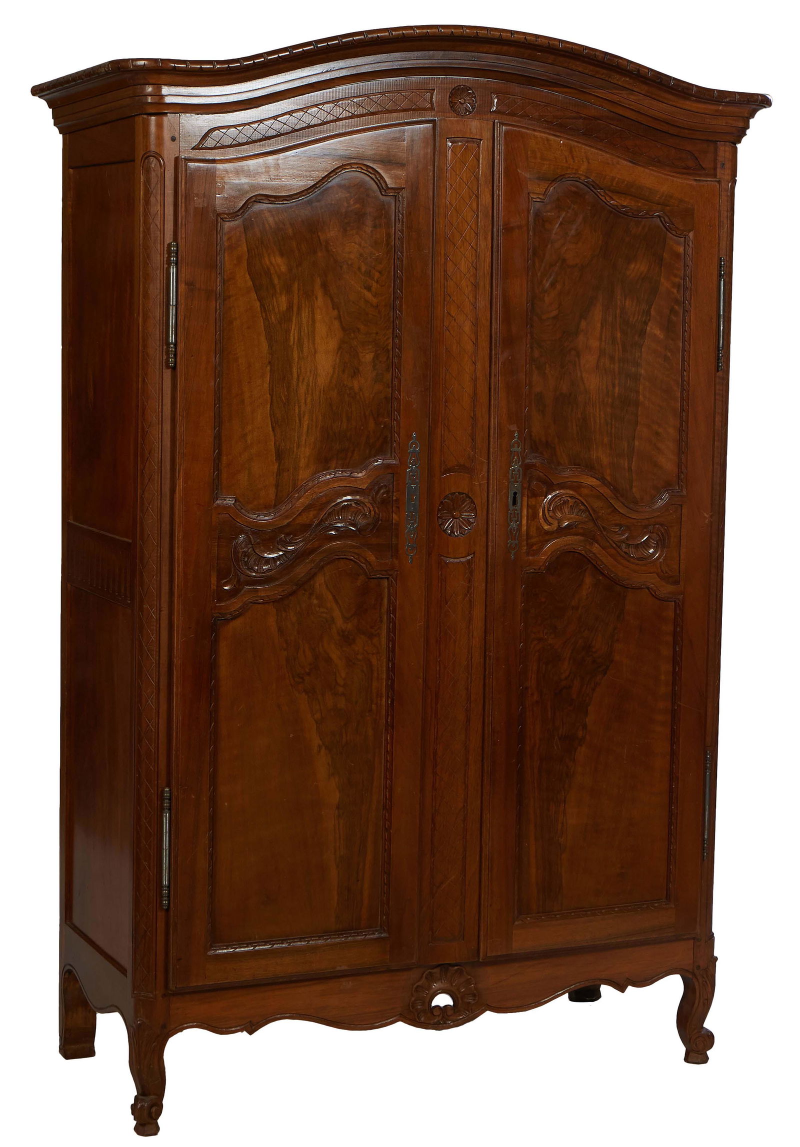 Diminutive French Provincial Carved Walnut Louis XV Style Armoire, 19th c., the stepped arched crown (1 of 1)