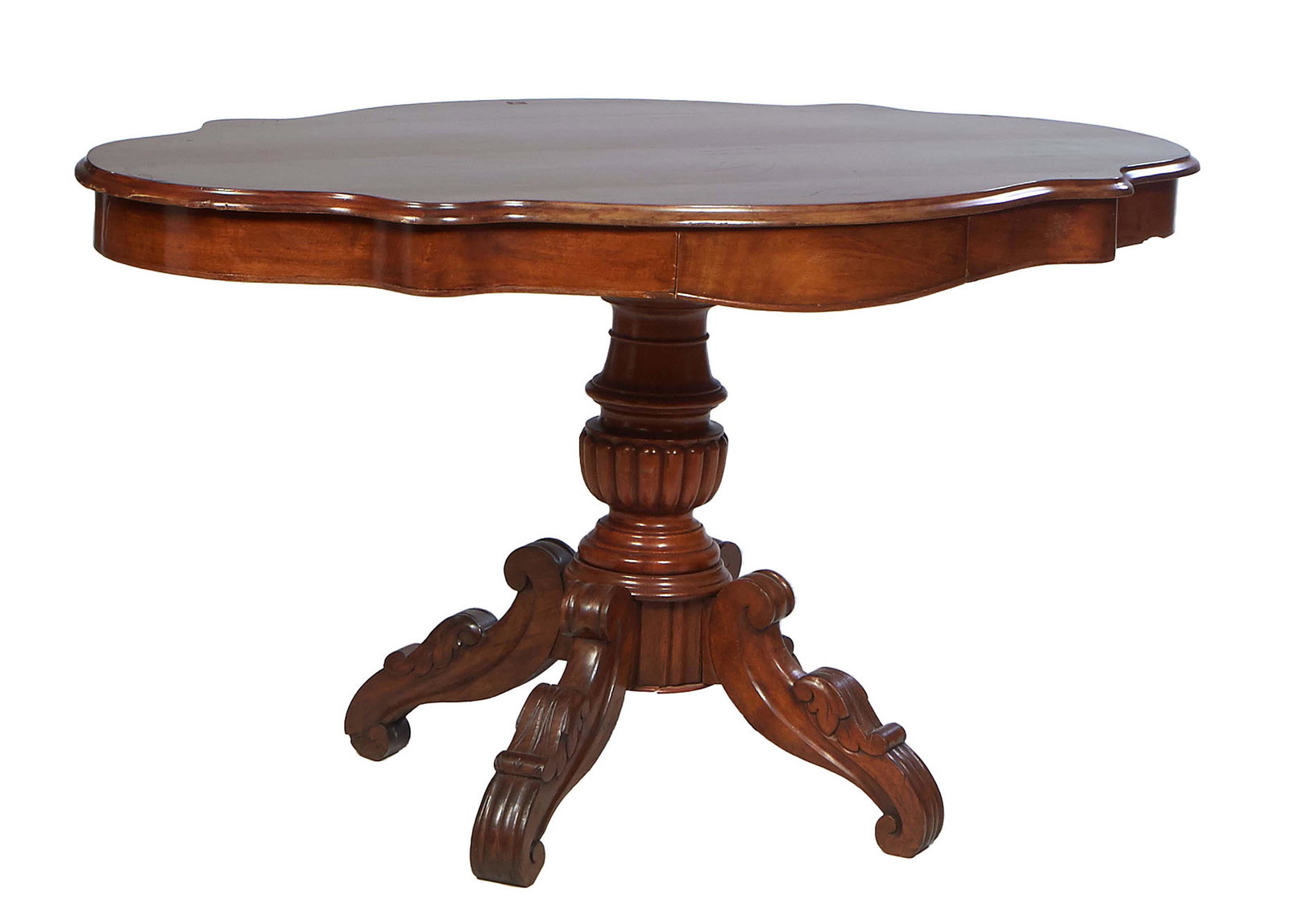 French Carved Walnut Center Table, c. 1870, the stepped tortoise top over a wide skirt with a center (1 of 1)