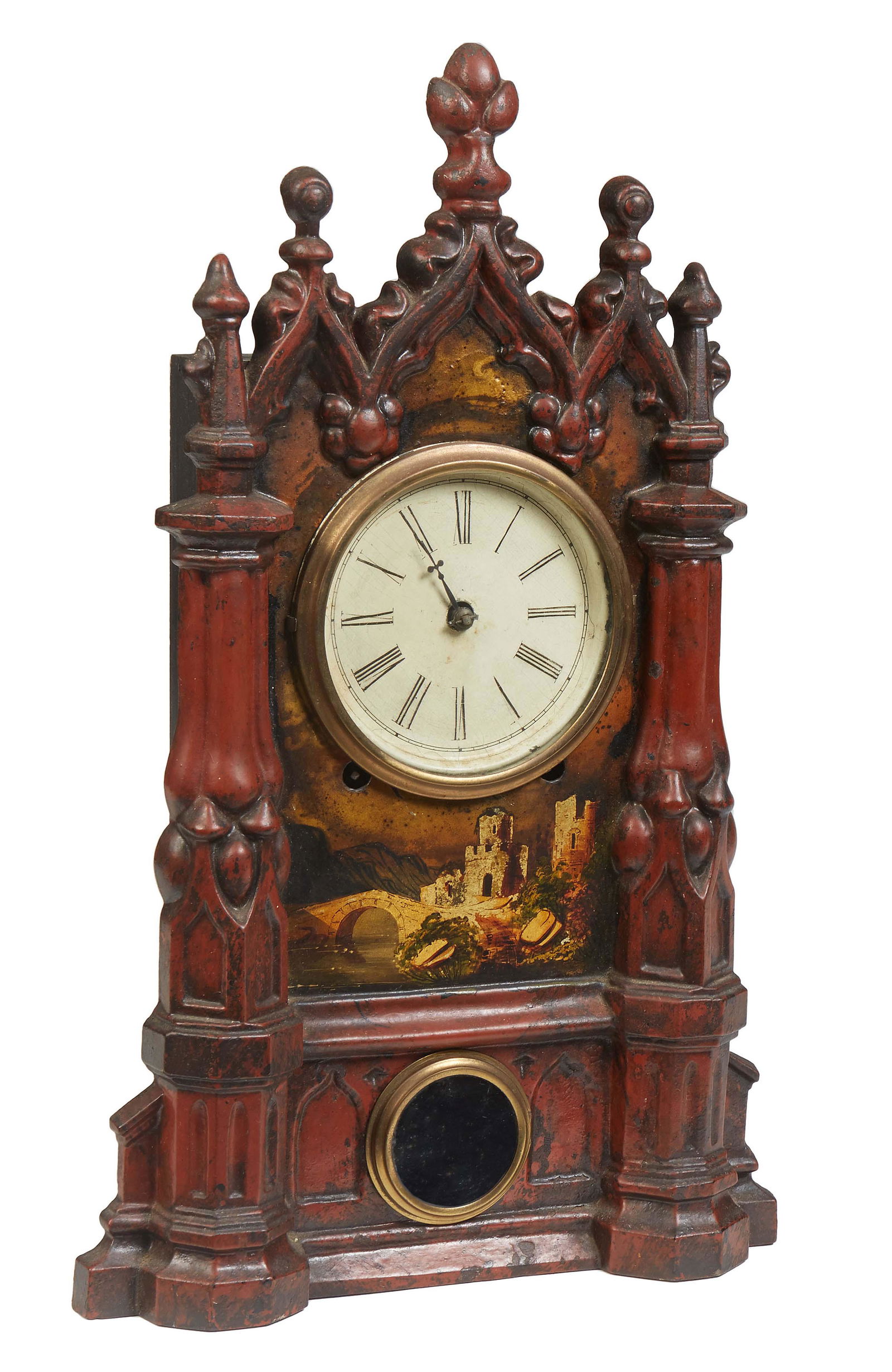 Unusual American Polychromed Cast Iron Gothic Revival Mantel Clock, mid 19th c., possibly by the (1 of 1)