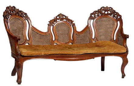 French Louis XV Style Carved Walnut Triple Chairback Caned Settee, early 20th c., the arched pierced (1 of 1)
