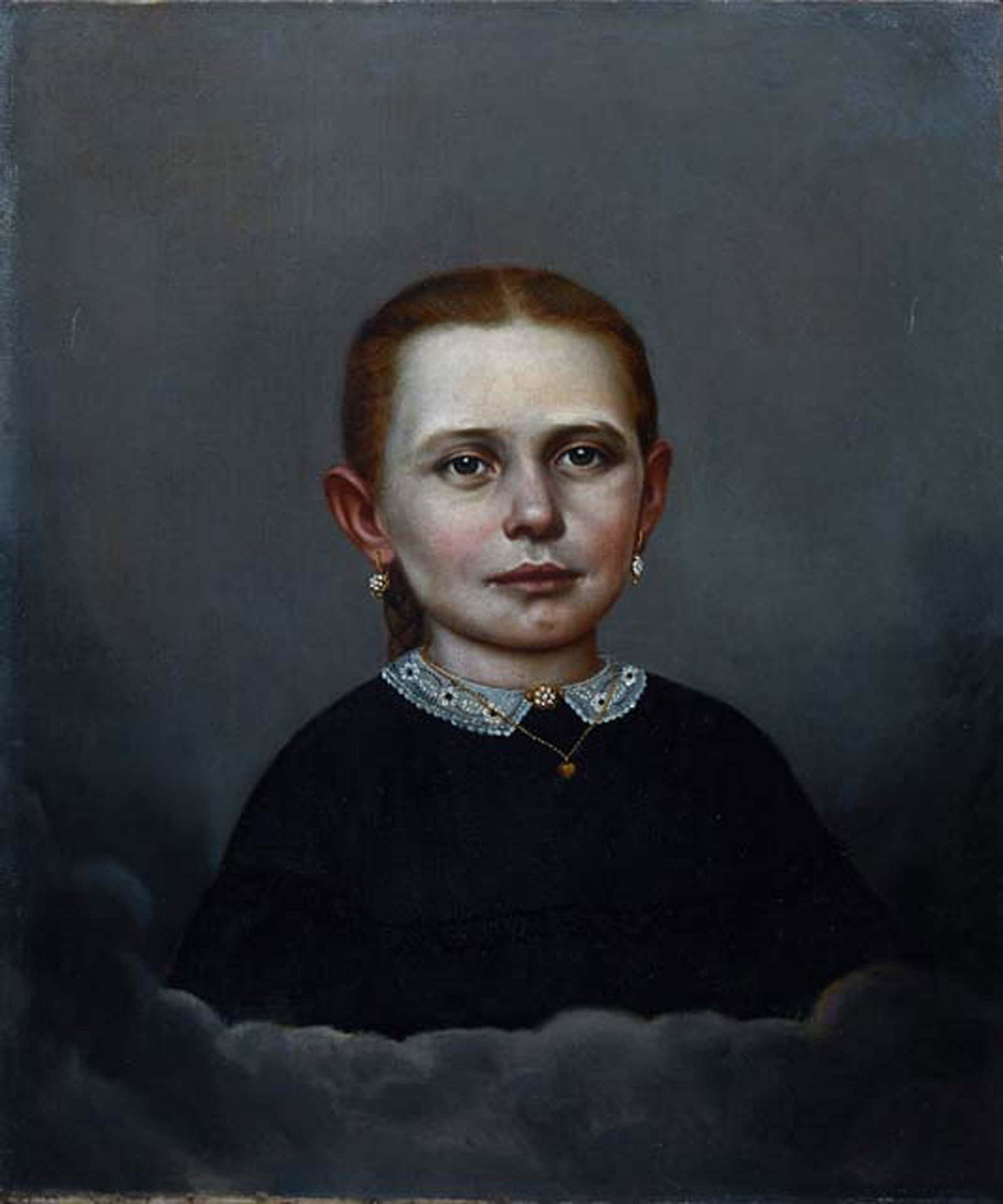 Louisiana School, "Posthumous Portrait of a Young Girl," 19th c., oil on canvas, unsigned, unframed, (1 of 2)