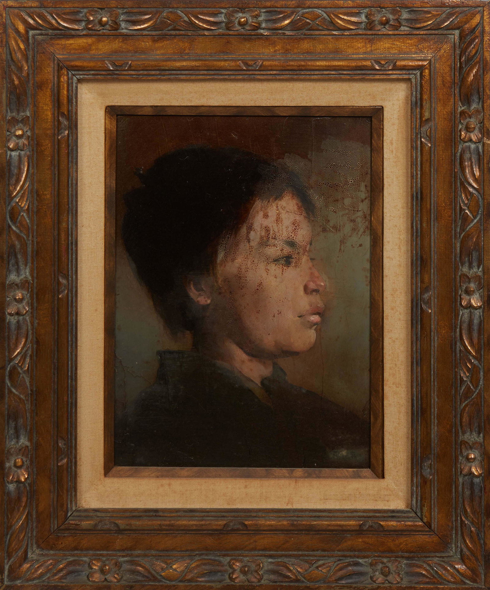 Shar, "Portrait of a Woman," 20th c., oil on board, signed indistinctly and covered by paint lower (1 of 5)