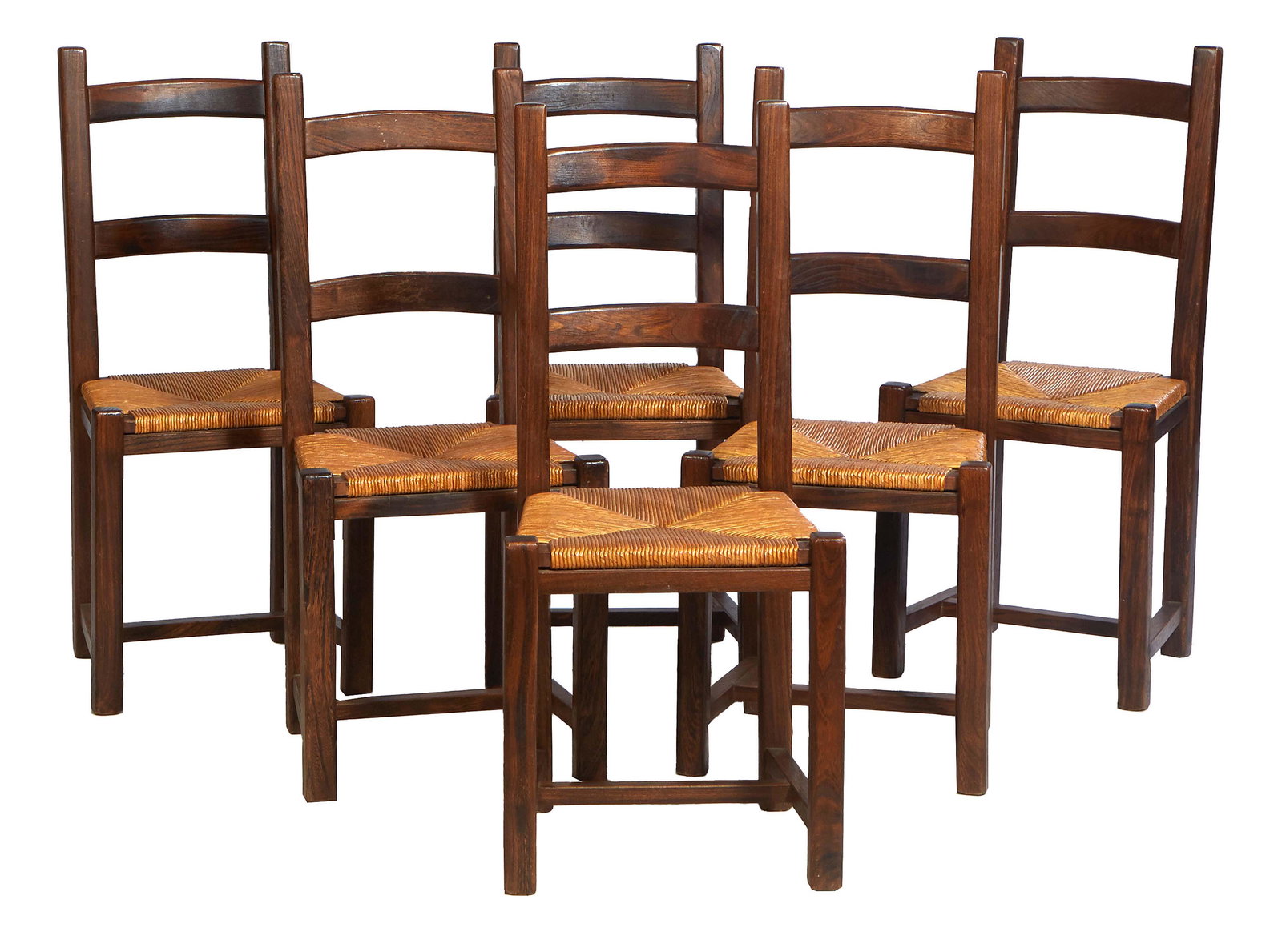 Set of Eight French Provincial Carved Oak Ladderback Rushseat Dining Chairs, the canted back over a (1 of 1)
