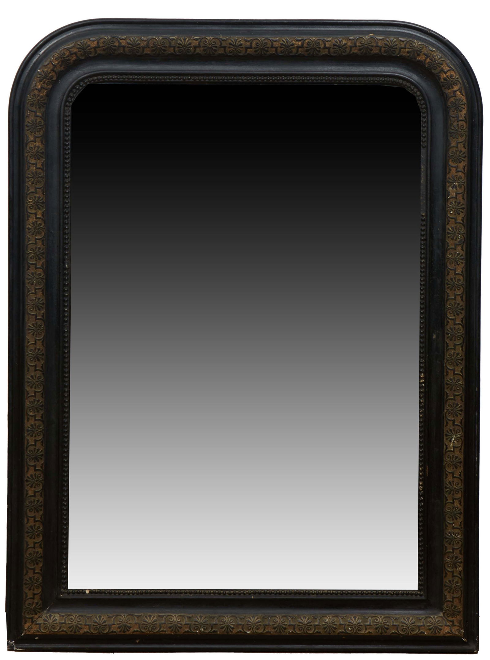 French Louis Philippe Style Ebonized Beech and Gesso Overmantel Mirror, c. 1870, the wide arched (1 of 1)