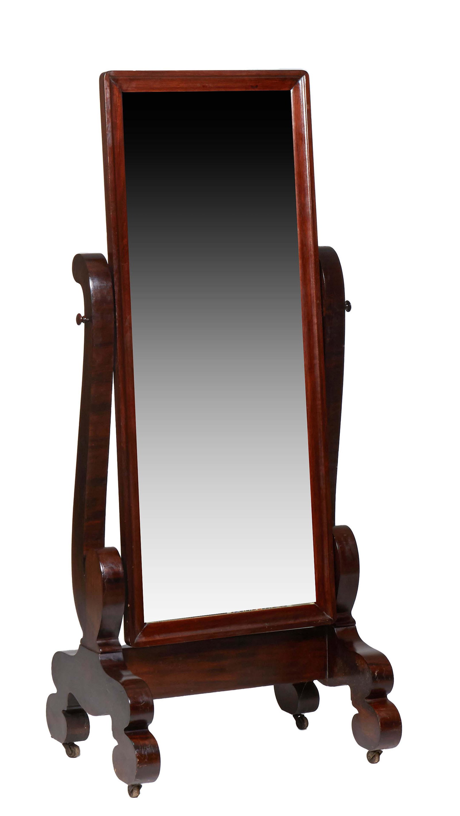 American Classical Carved Mahogany Cheval Mirror, late 19th c., the wide frame around a wide beveled (1 of 1)