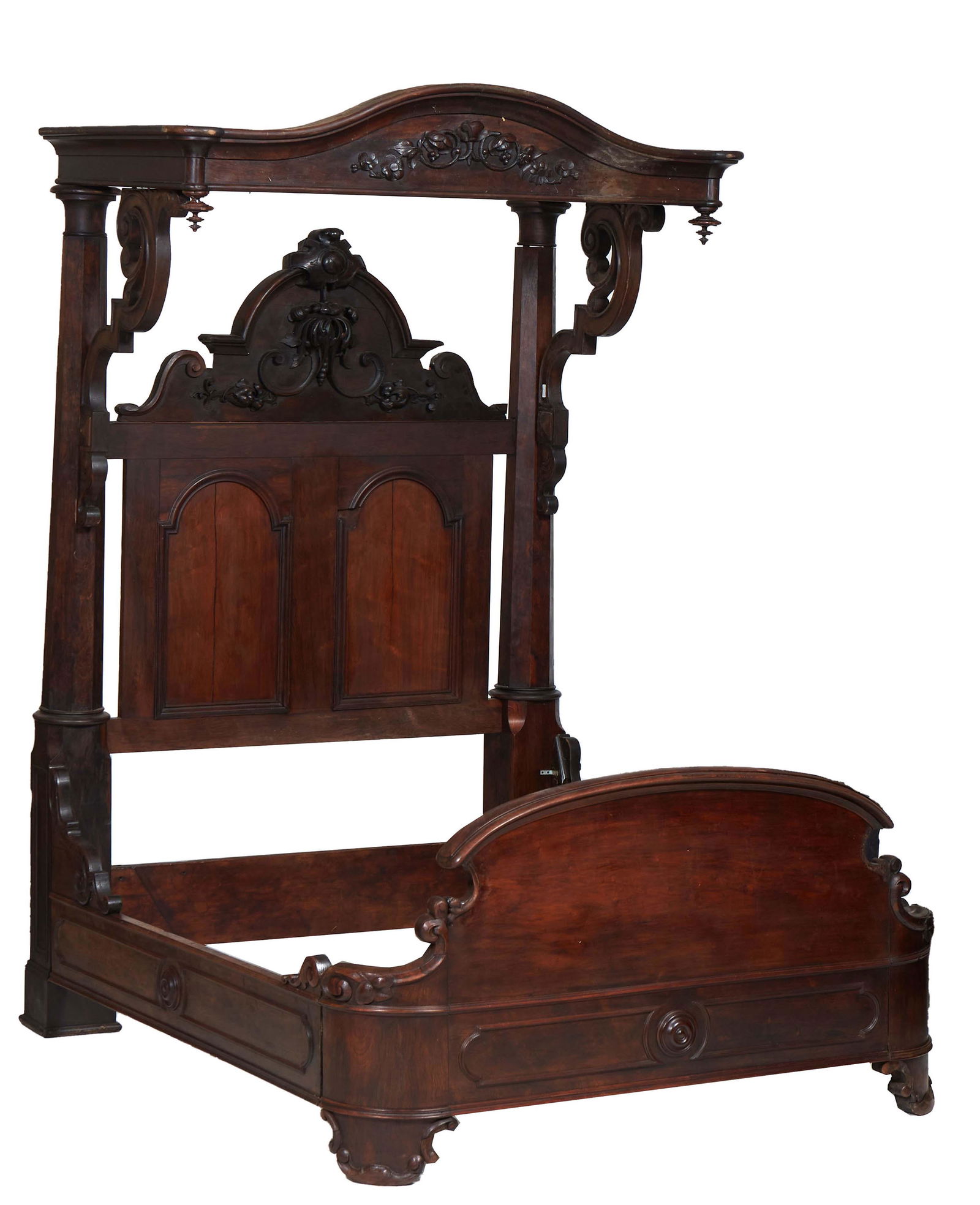 American Carved Mahogany Rosewood Grained Half Tester Bed, 19th c., the arched floral and grape (1 of 1)