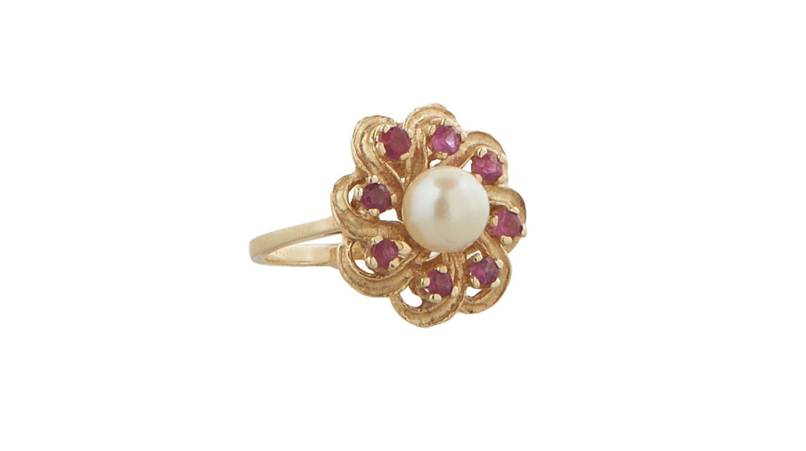 Lady's 14K Yellow Gold Dinner Ring, with a center 7mm white cultured pearl, flanked by a swirled (1 of 1)