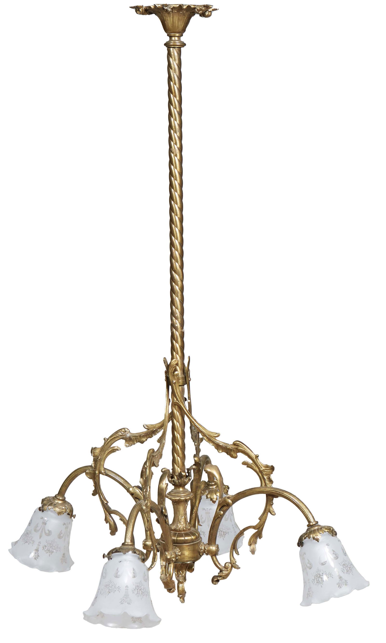 American Brass Four Light Chandelier, early 20th c., the twisted support issuing four arched leaf re (1 of 1)