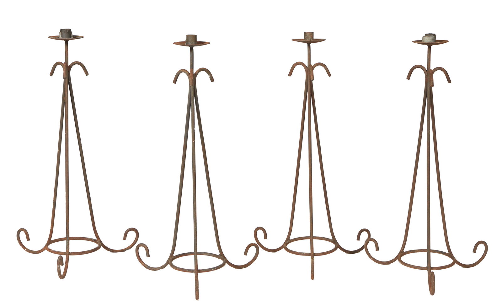 Group of Four Wrought Iron Candlesticks, 20th c., the iron candle cup and bobeche, on a tapering (1 of 1)