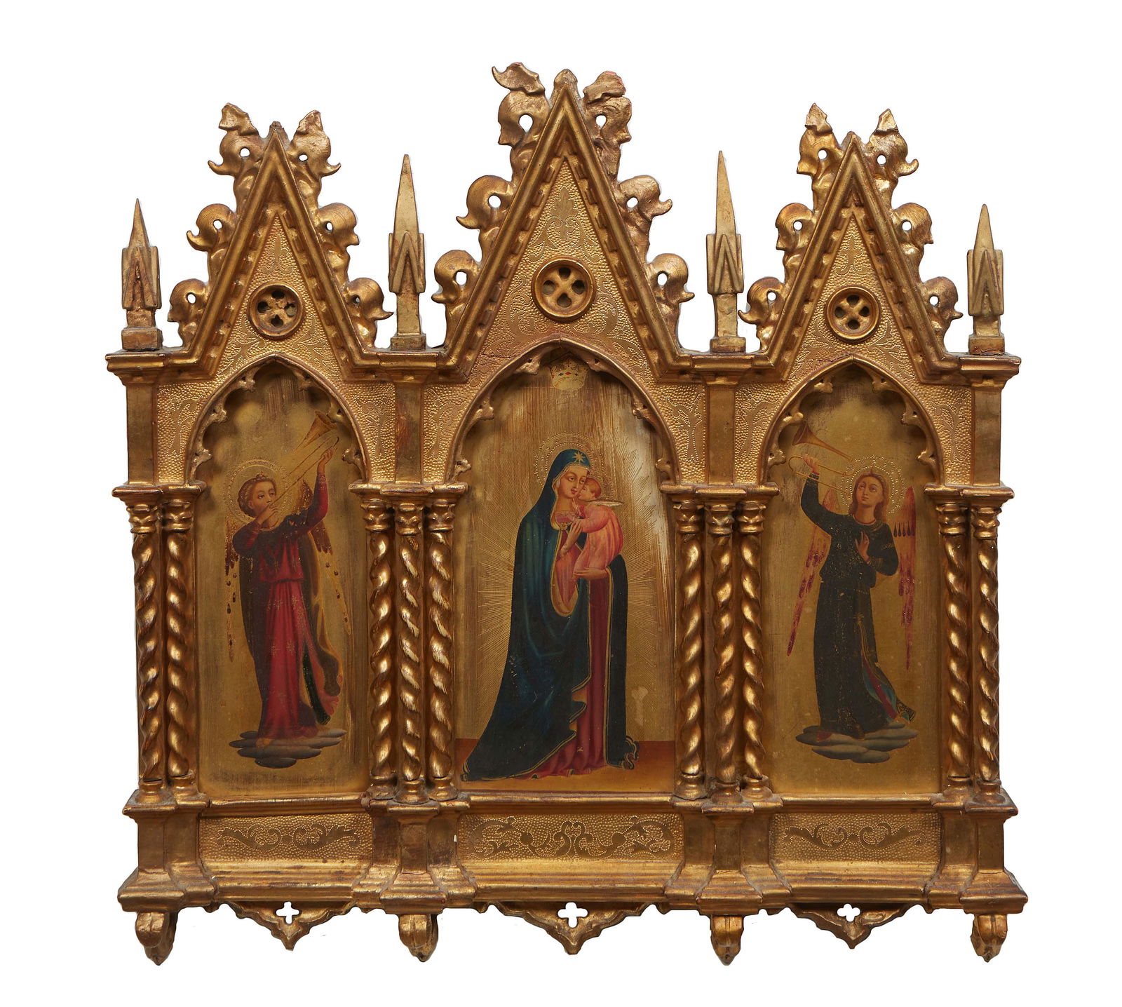Italian Renaissance Style Religious Triptych of Madonna and Child and Two Heralding Angels, 20th c., (1 of 1)