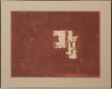 Robyn Denny (British, 1930-2014), "15, (Red Brick Abstract)," 1978, print, editioned 28/35, signed: Robyn Denny (British, 1930-2014), "15, (Red Brick Abstract)," 1978, print, editioned 28/35, signed and dated '78 lower right, titled mid bottom, presented in a brass frame, H.- 20 in., W.- 26 1/2 in.,