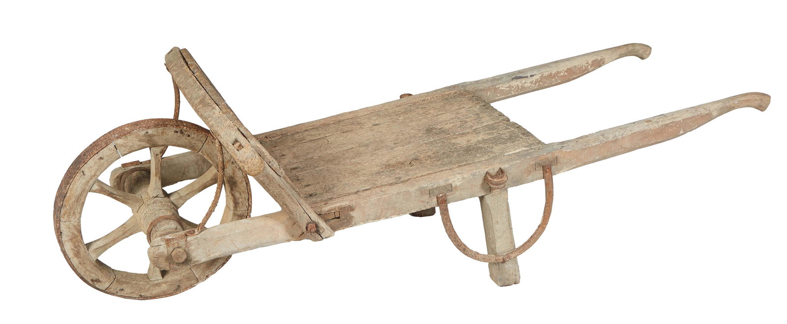 French Provincial Carved Poplar Wheelbarrow, late 19th c., H.- 22 in., W.- 68 in., D.- 28 in. (1 of 1)