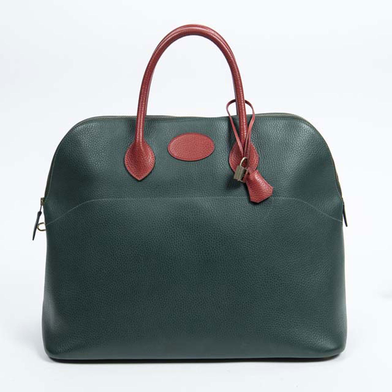 Hermes Bolide 45 Travel Bag, c. 1993, in hunter green and red Ardennes calf leather with golden (1 of 7)