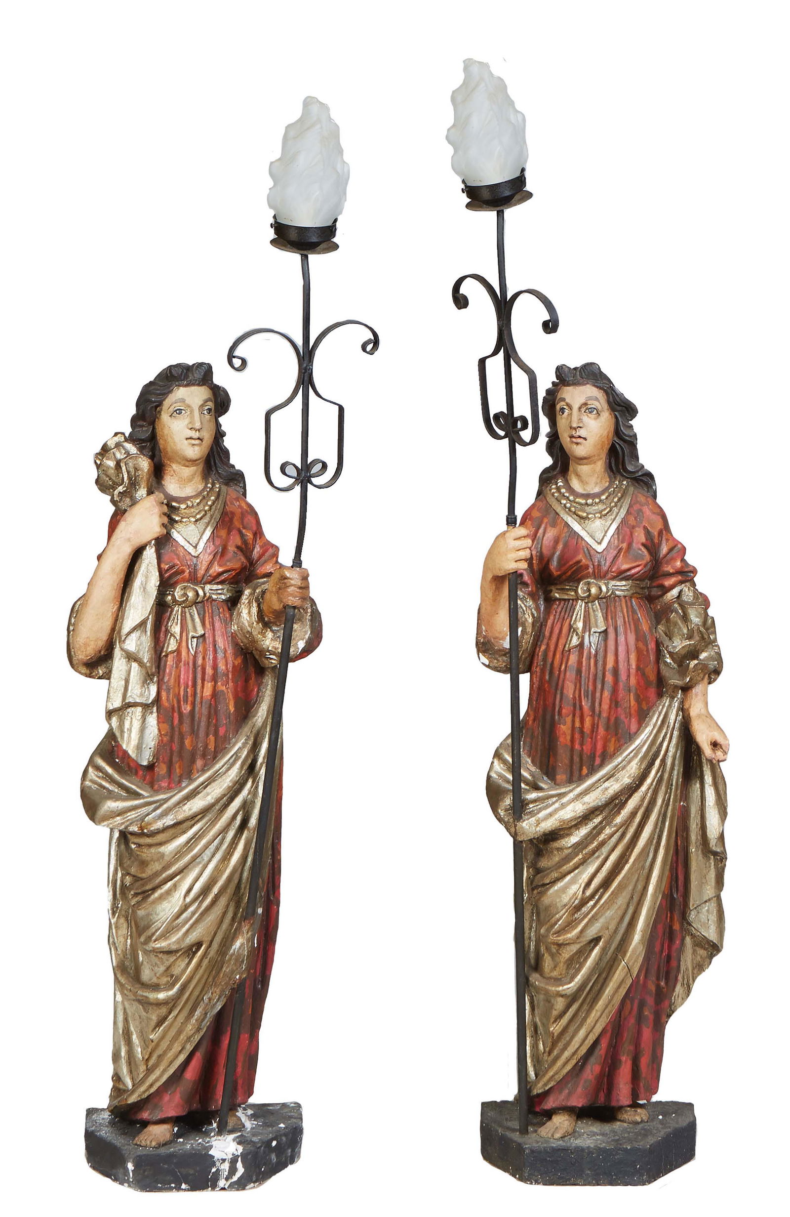 Pair of Large Polychromed Plaster Figural Torchere Lamps, 20th c., of robed women upholding a (1 of 1)